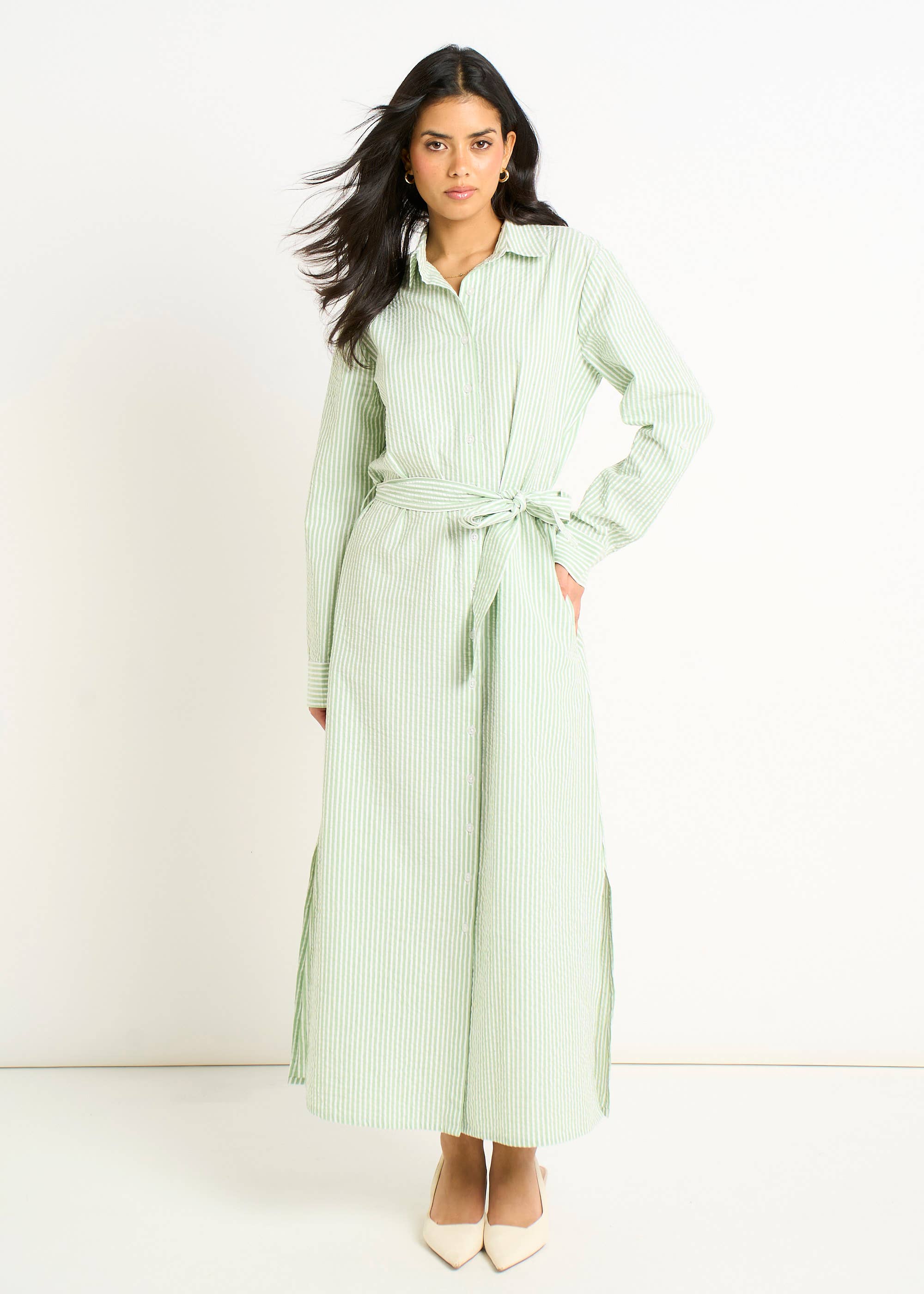 Green Long Sleeves Seersucker Stripe Shirt Dress