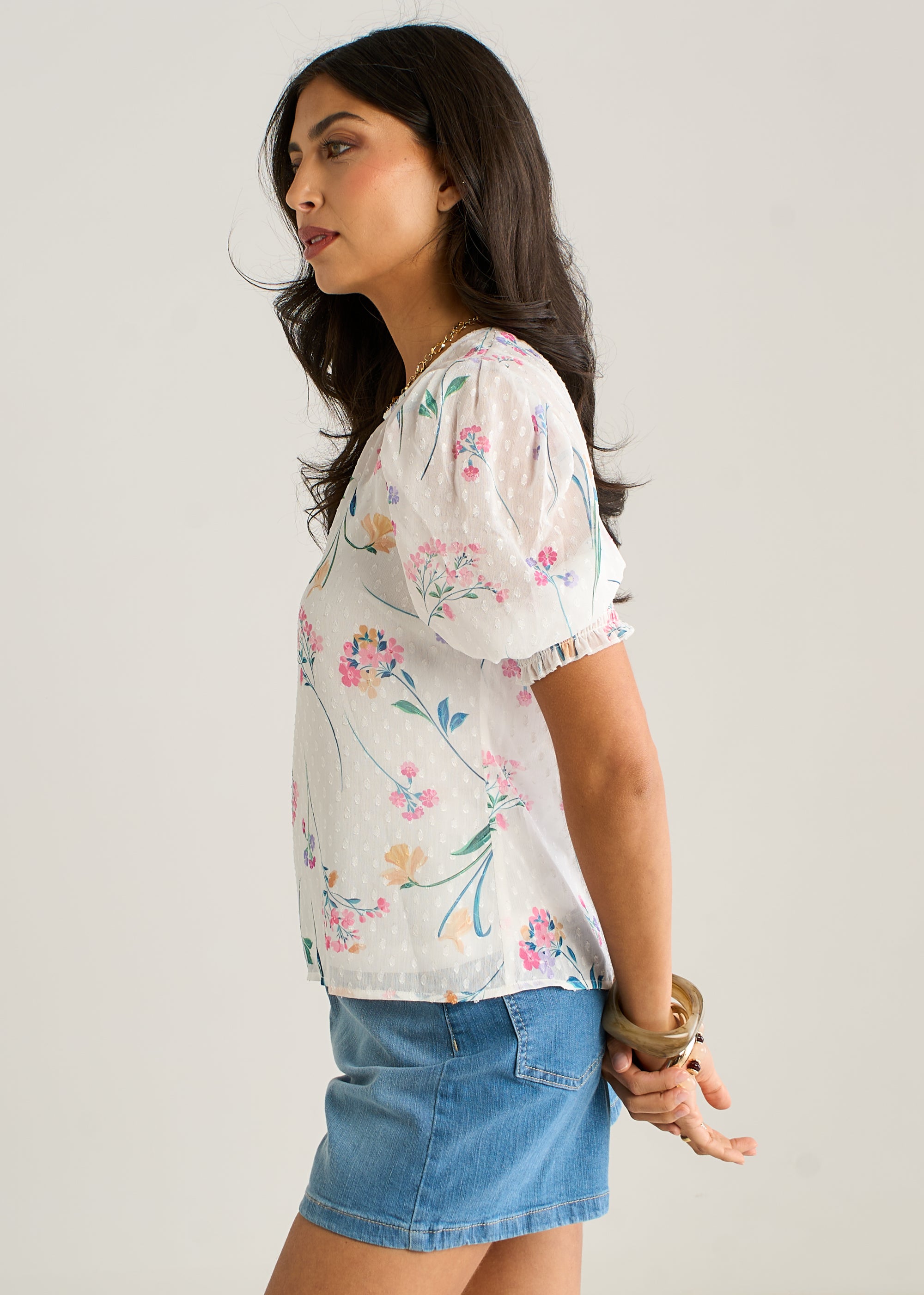 Off White Floral Dobby Chiffon Shirred Cuff Blouse