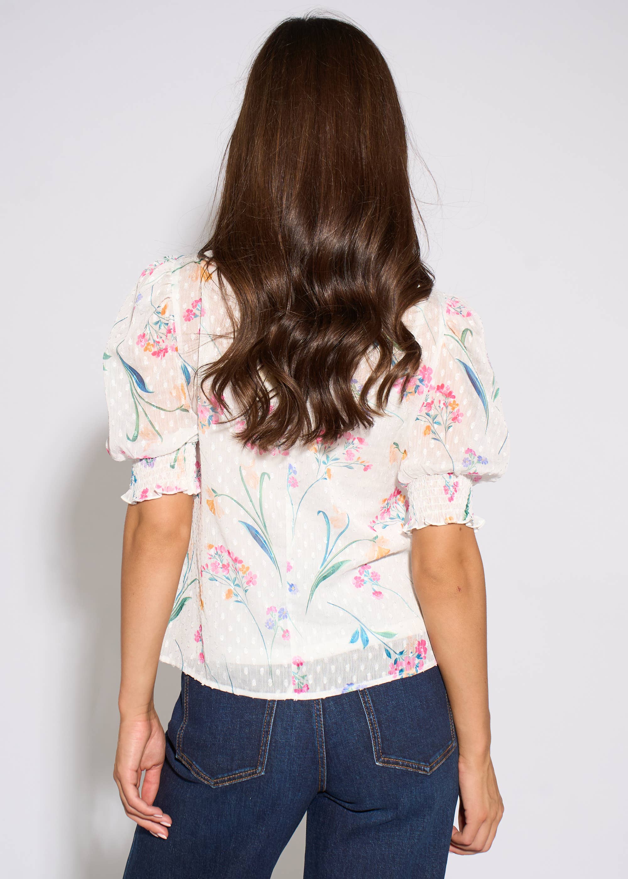 Off White Floral Dobby Chiffon Shirred Cuff Blouse