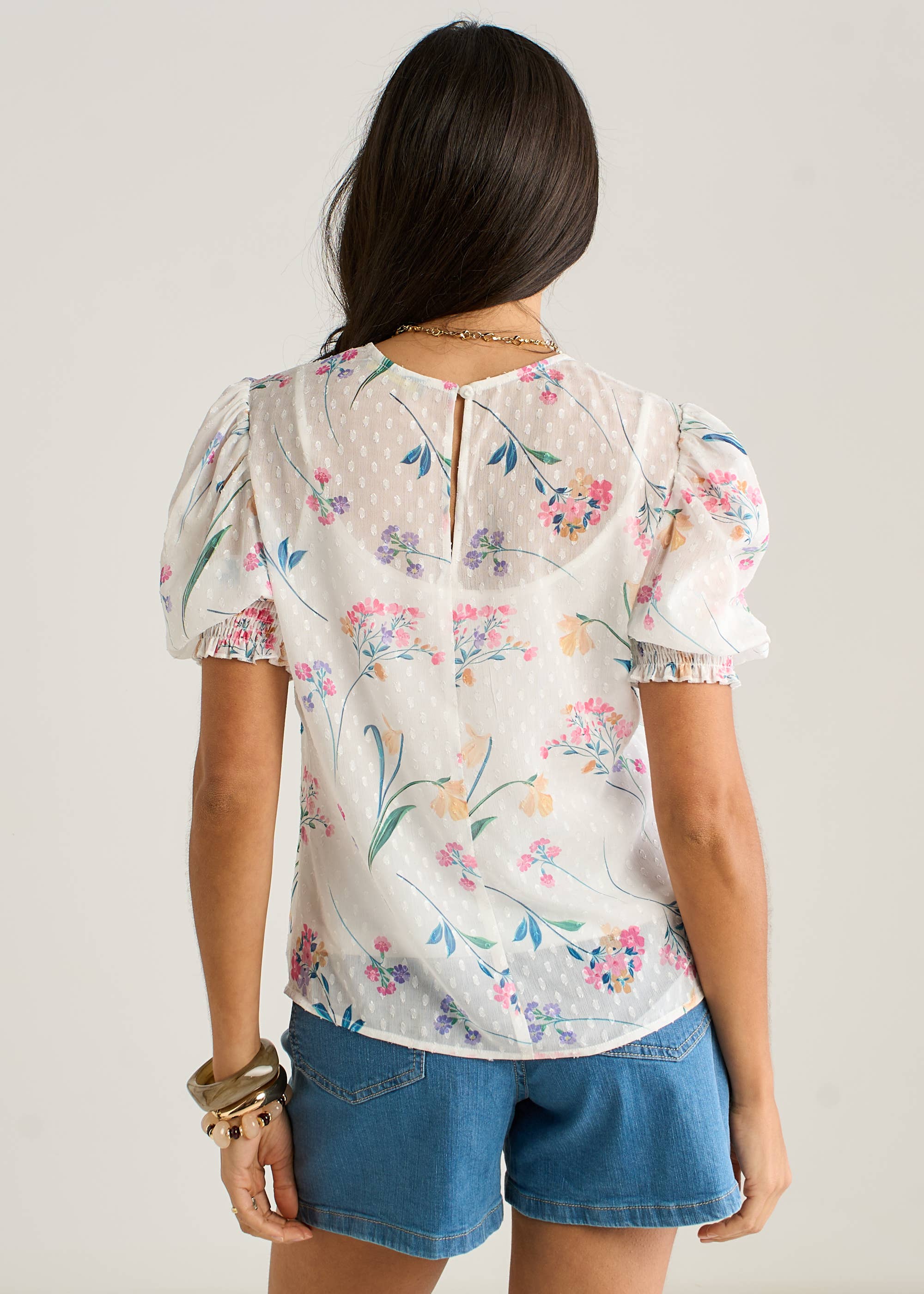 Off White Floral Dobby Chiffon Shirred Cuff Blouse