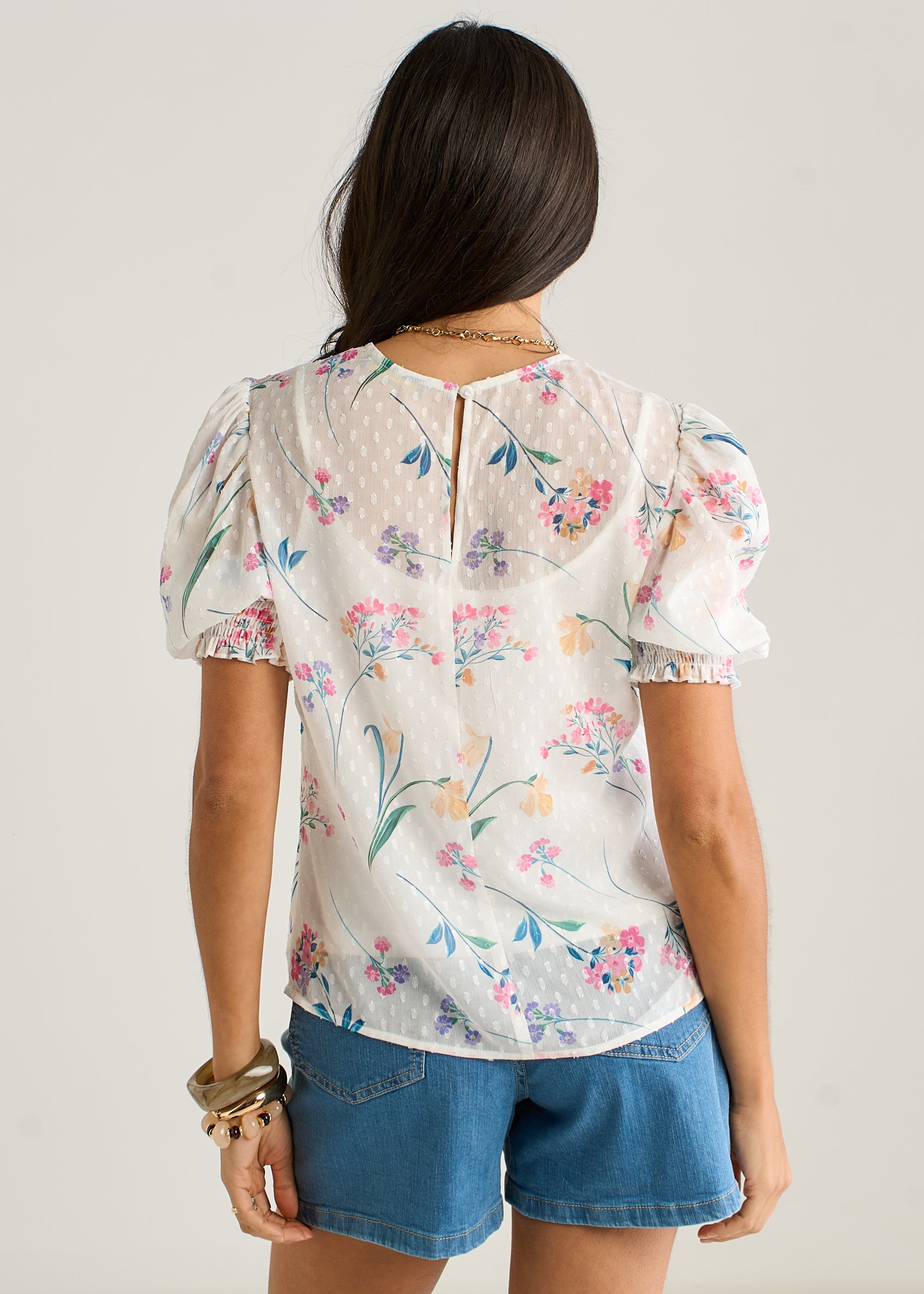 Off White Floral Dobby Chiffon Shirred Cuff Blouse
