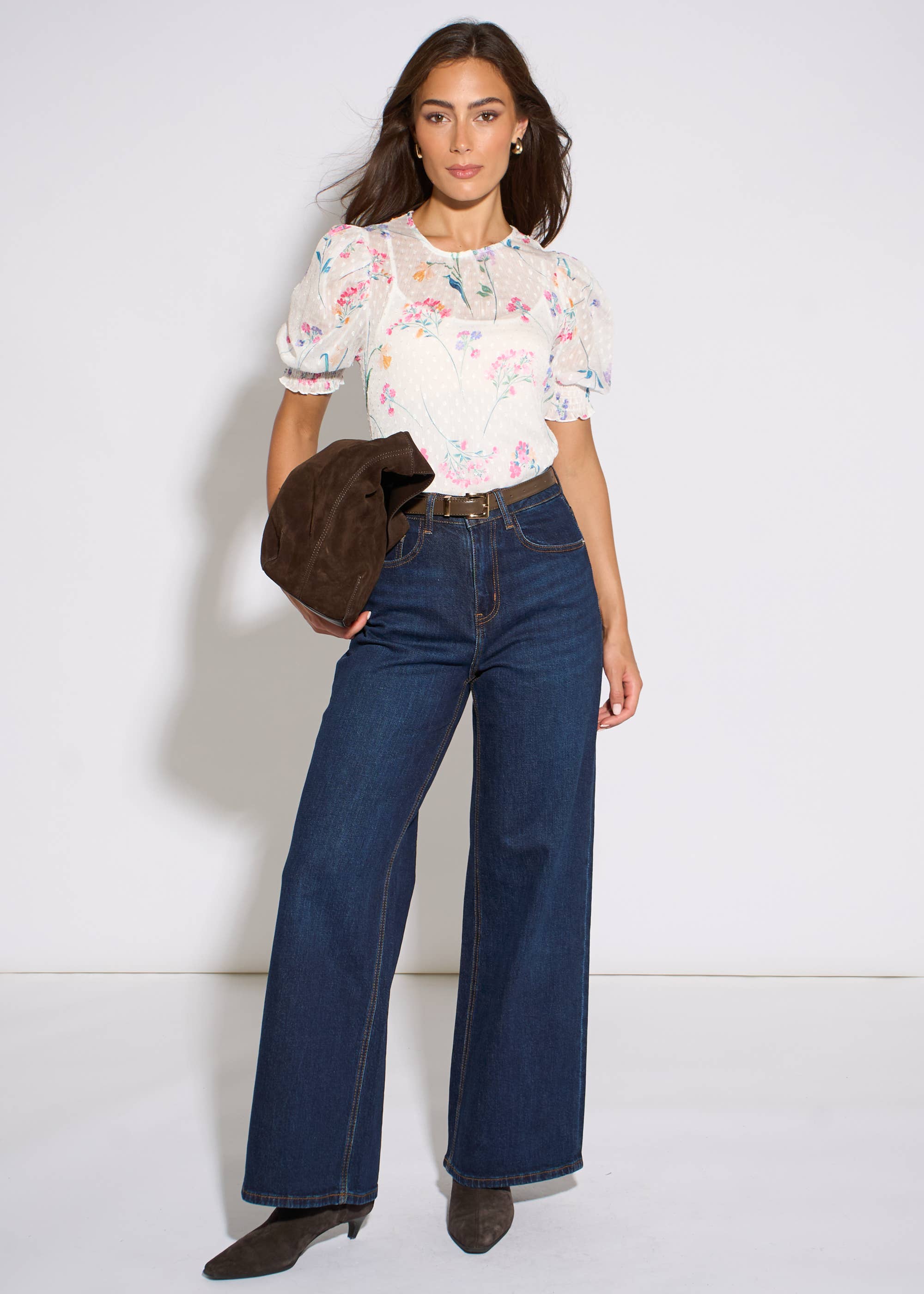 Off White Floral Dobby Chiffon Shirred Cuff Blouse