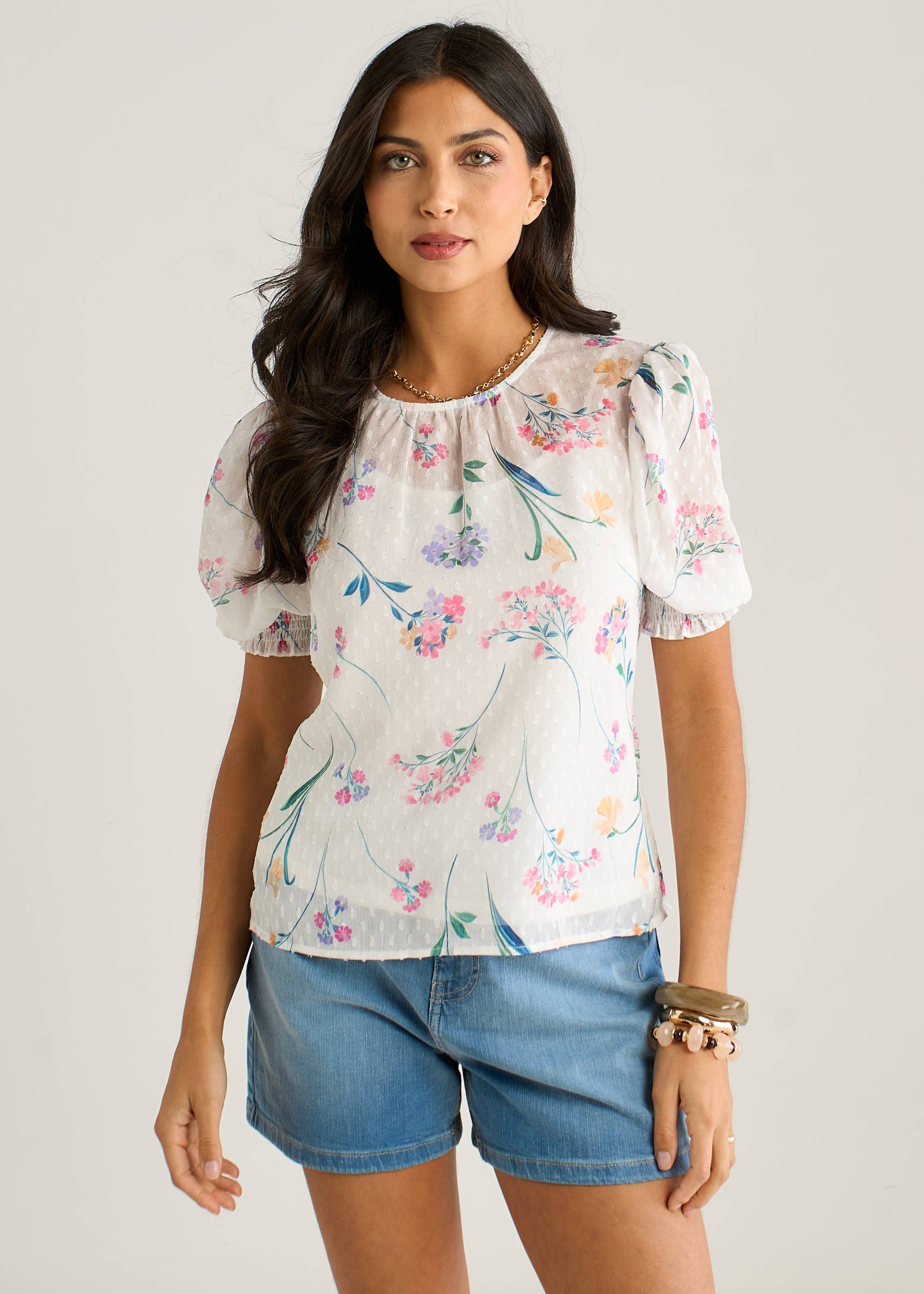 Off White Floral Dobby Chiffon Shirred Cuff Blouse