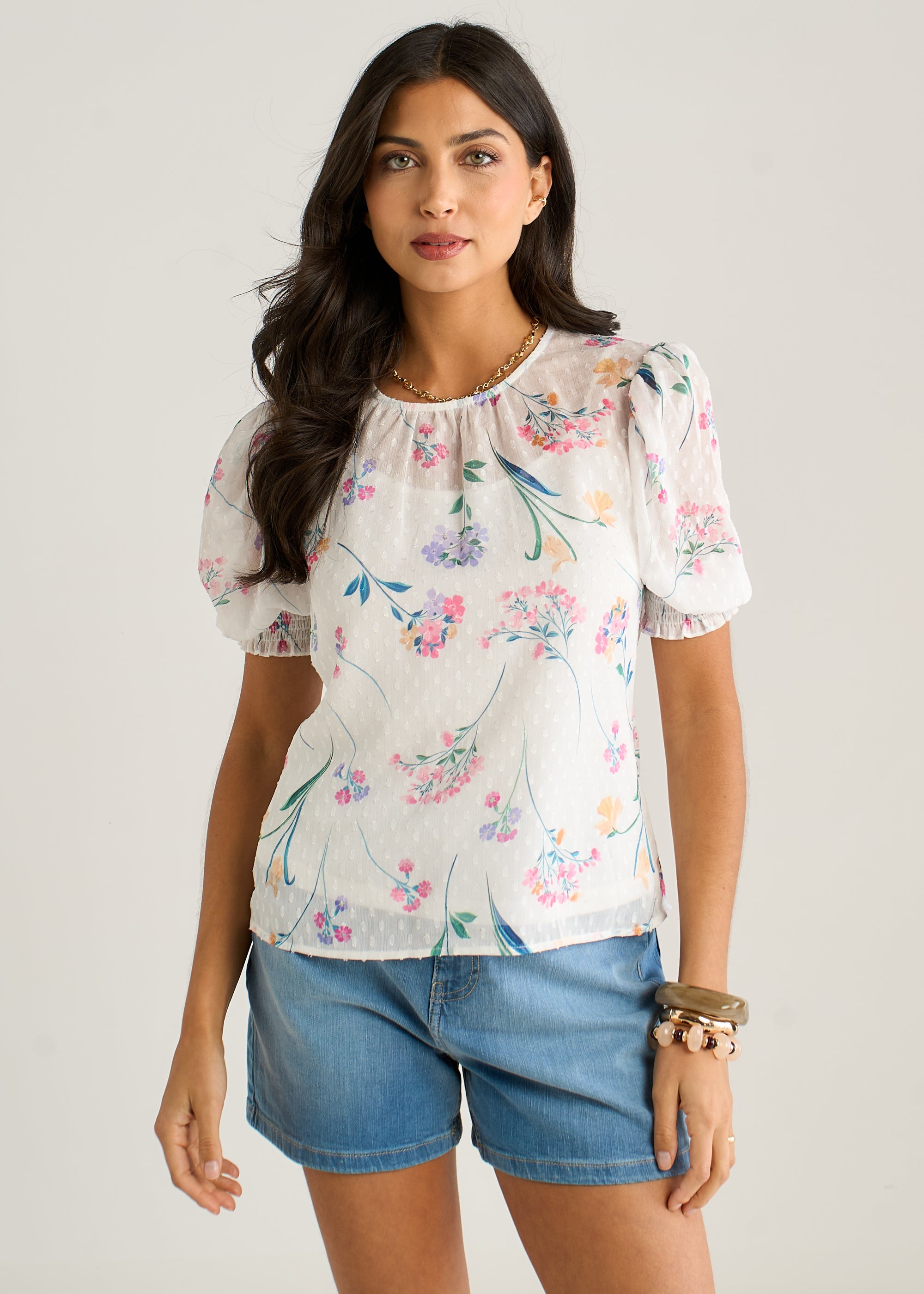 Off White Floral Dobby Chiffon Shirred Cuff Blouse