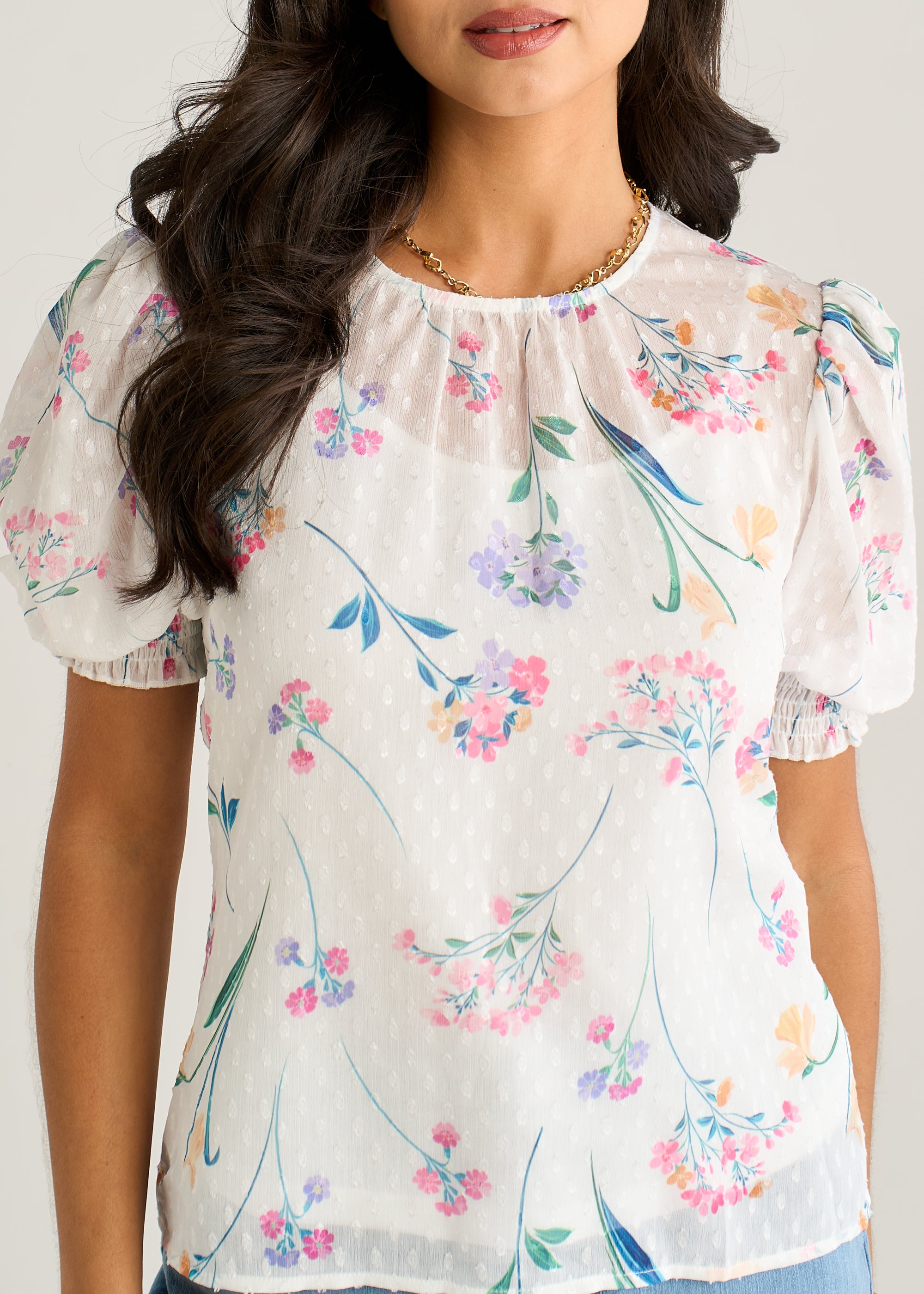 Off White Floral Dobby Chiffon Shirred Cuff Blouse