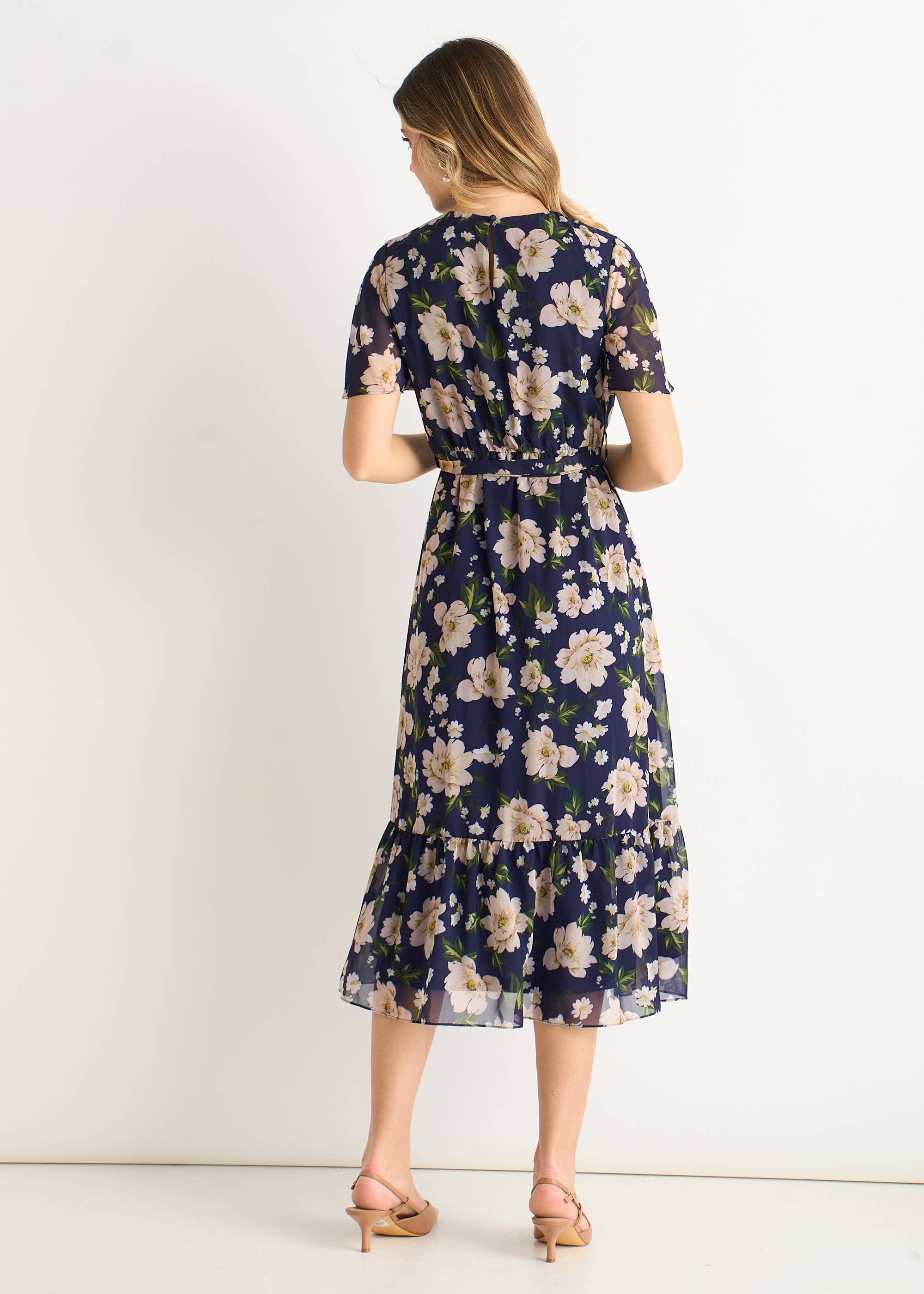 Navy Floral Print Fit & Flare Midi Dress
