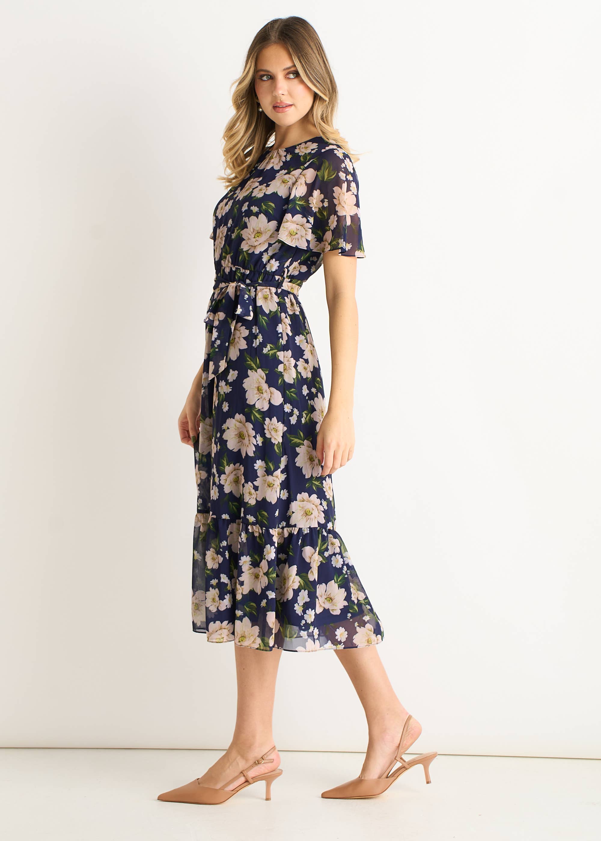 Navy Floral Print Fit & Flare Midi Dress