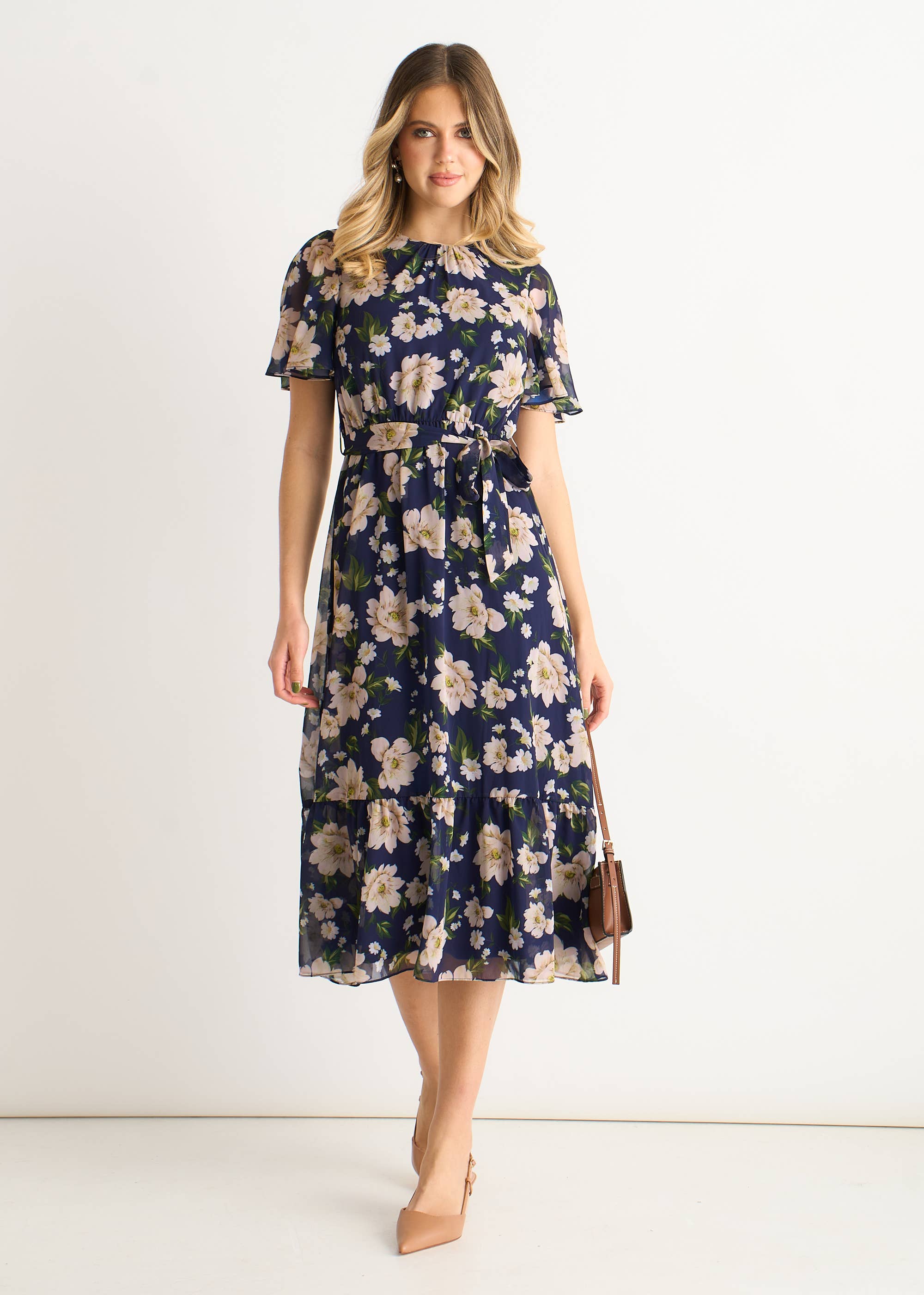Navy Floral Print Fit & Flare Midi Dress
