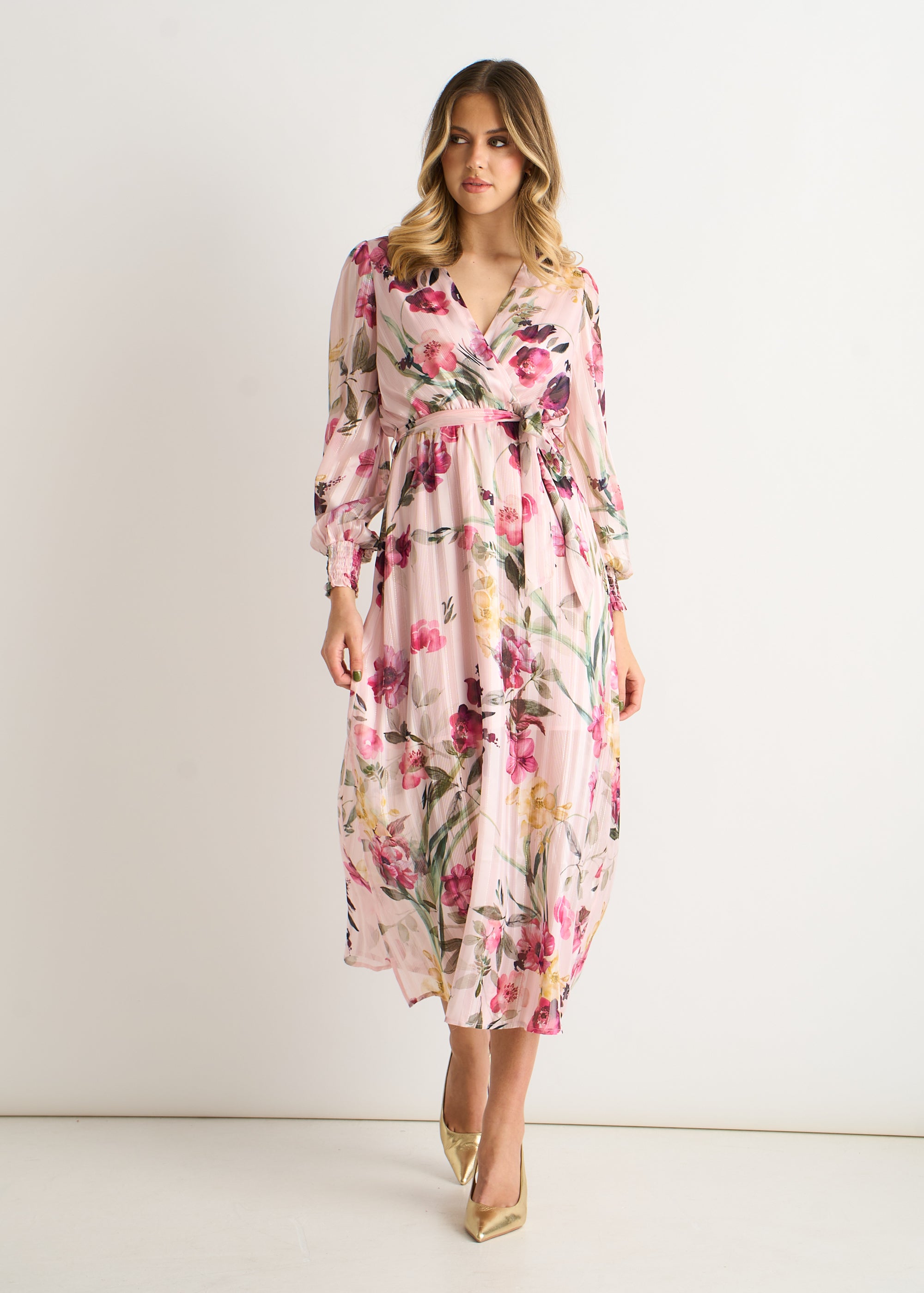Pink Floral Print Sparkle Chiffon Wrap Midi Dress