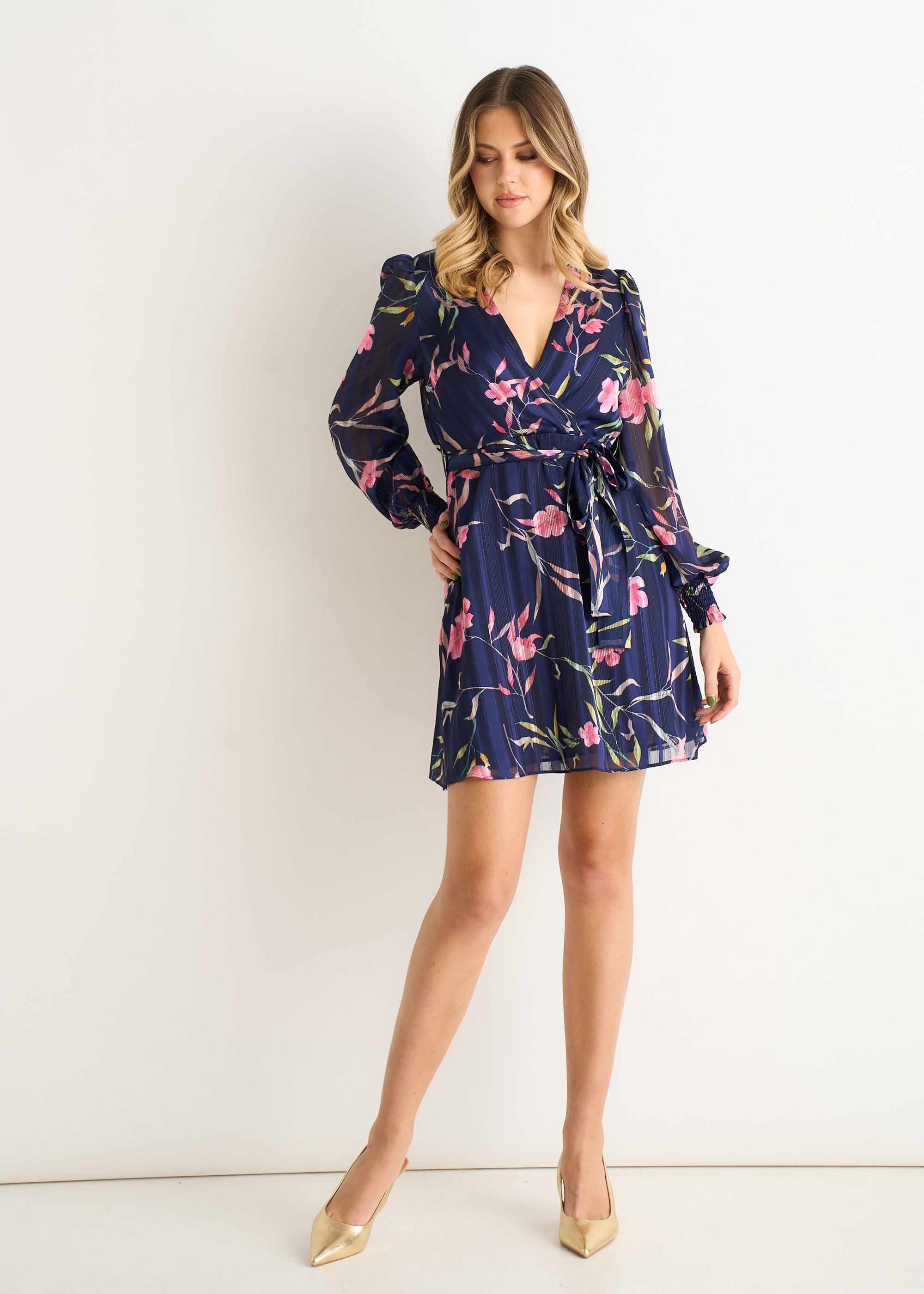 Floral Print Shimmer Stripe Chiffon Wrap Mini Dress