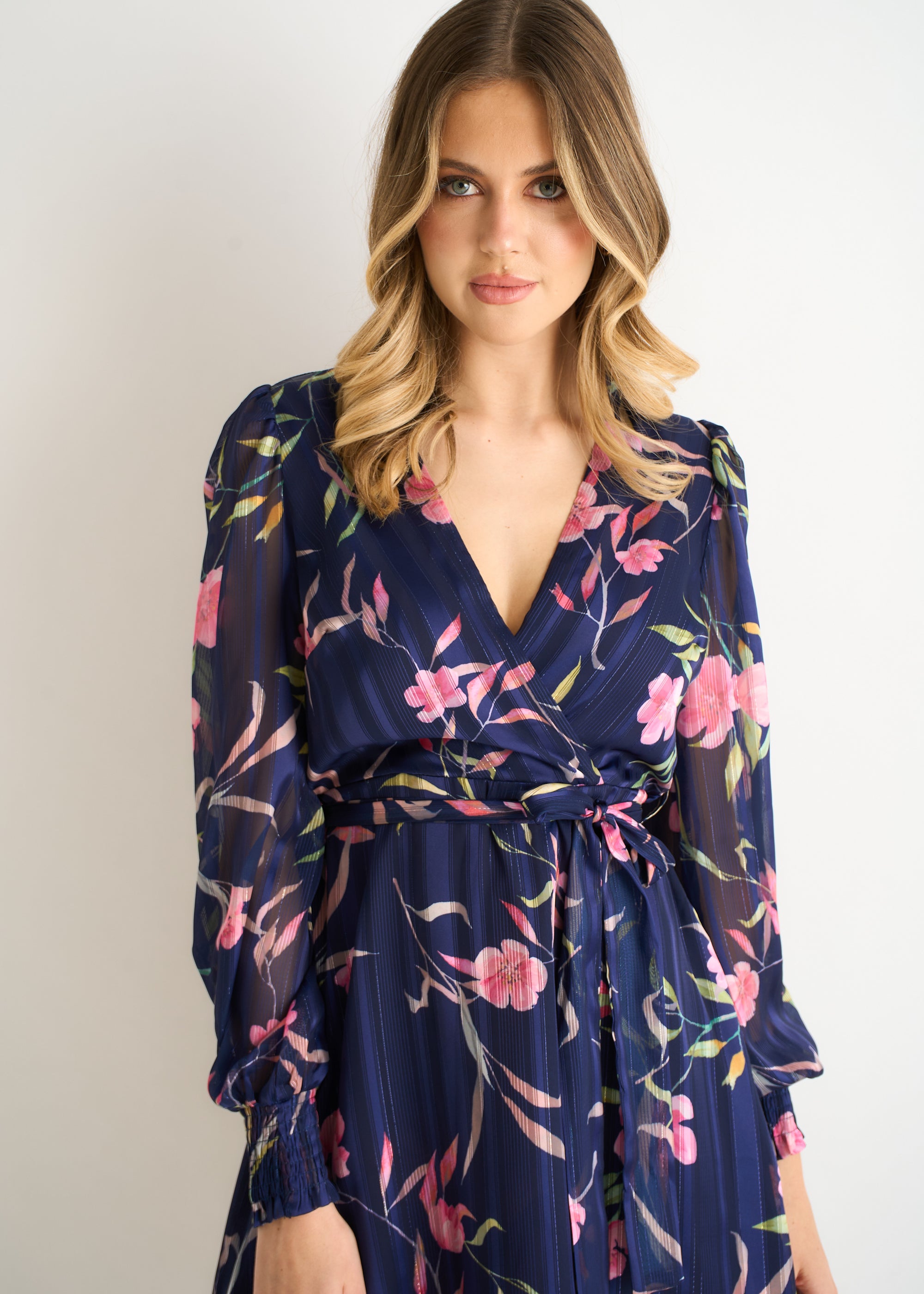 Navy Floral Print Shimmer Stripe Chiffon Wrap Mini Dress