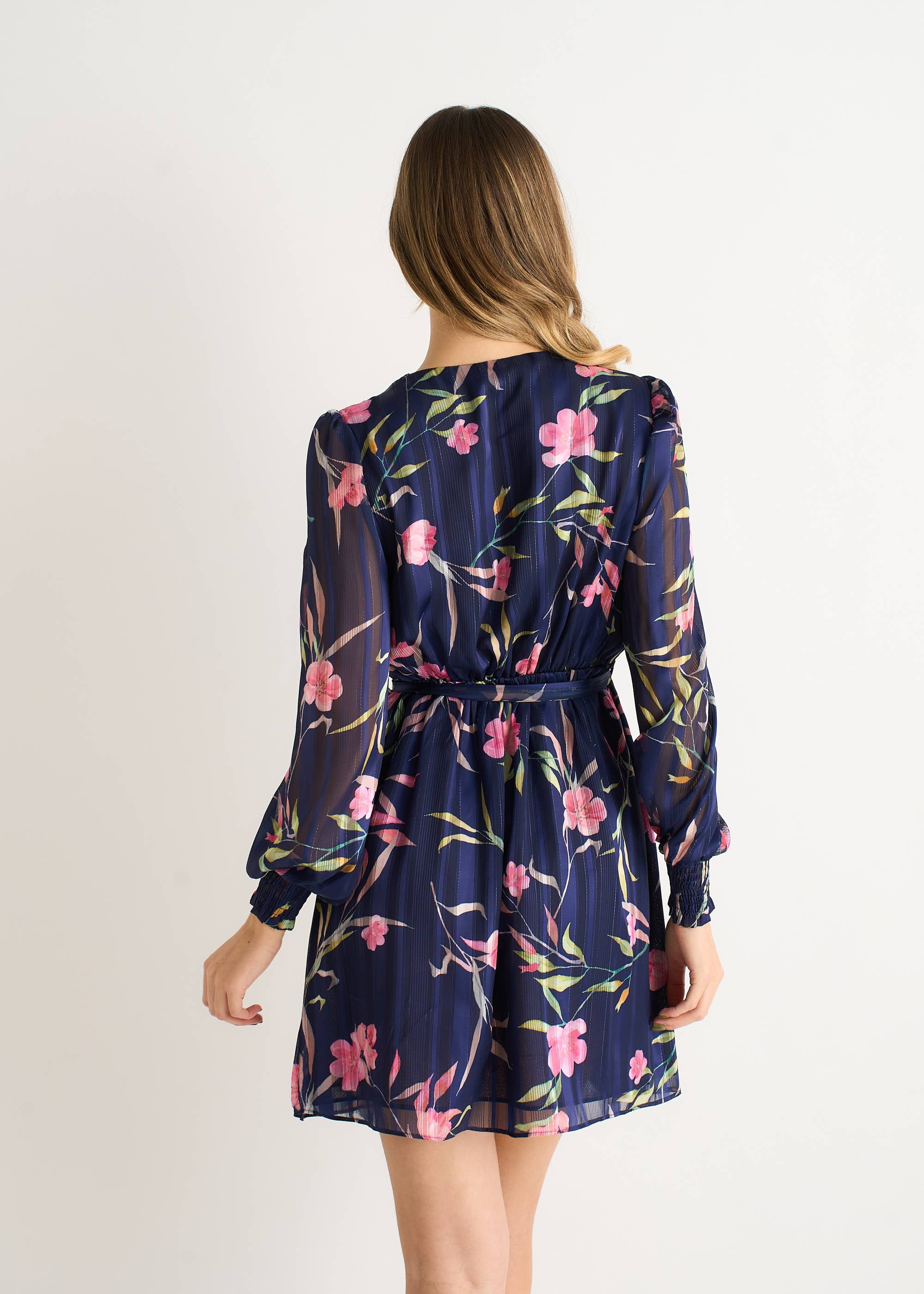 Navy Floral Print Shimmer Stripe Chiffon Wrap Mini Dress