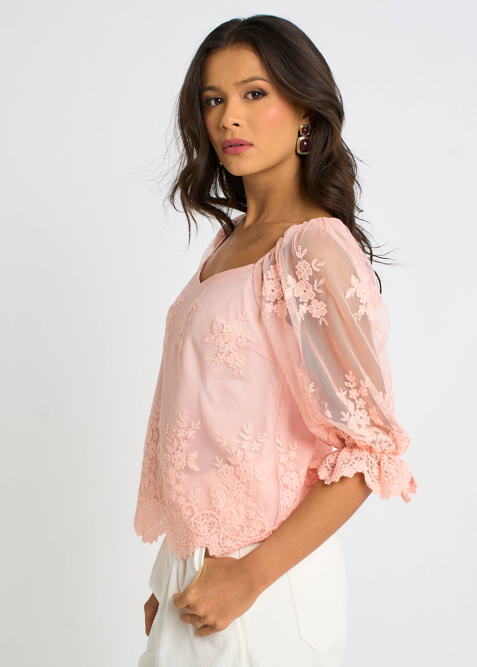 Pink Embroidered Lace Scallop Blouse