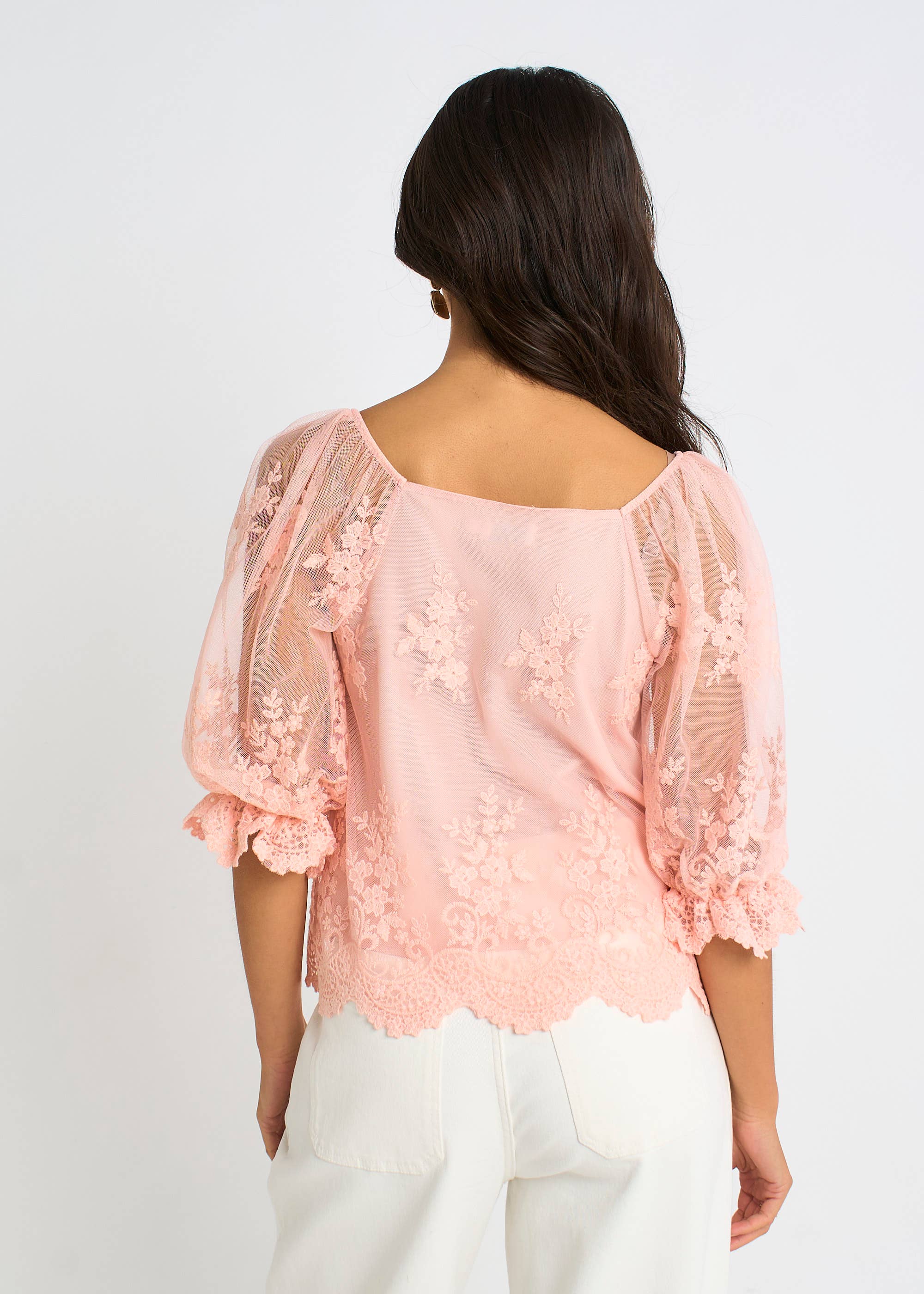 Pink Embroidered Lace Scallop Blouse