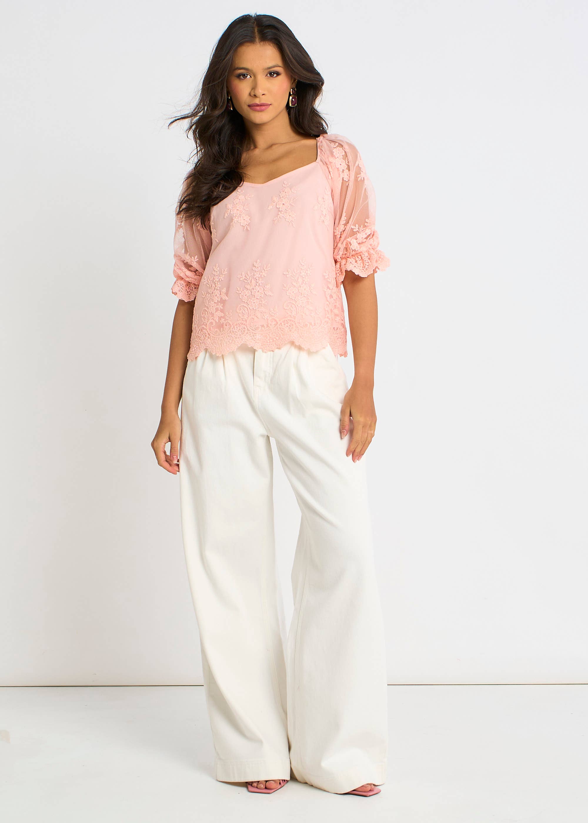 Pink Embroidered Lace Scallop Blouse