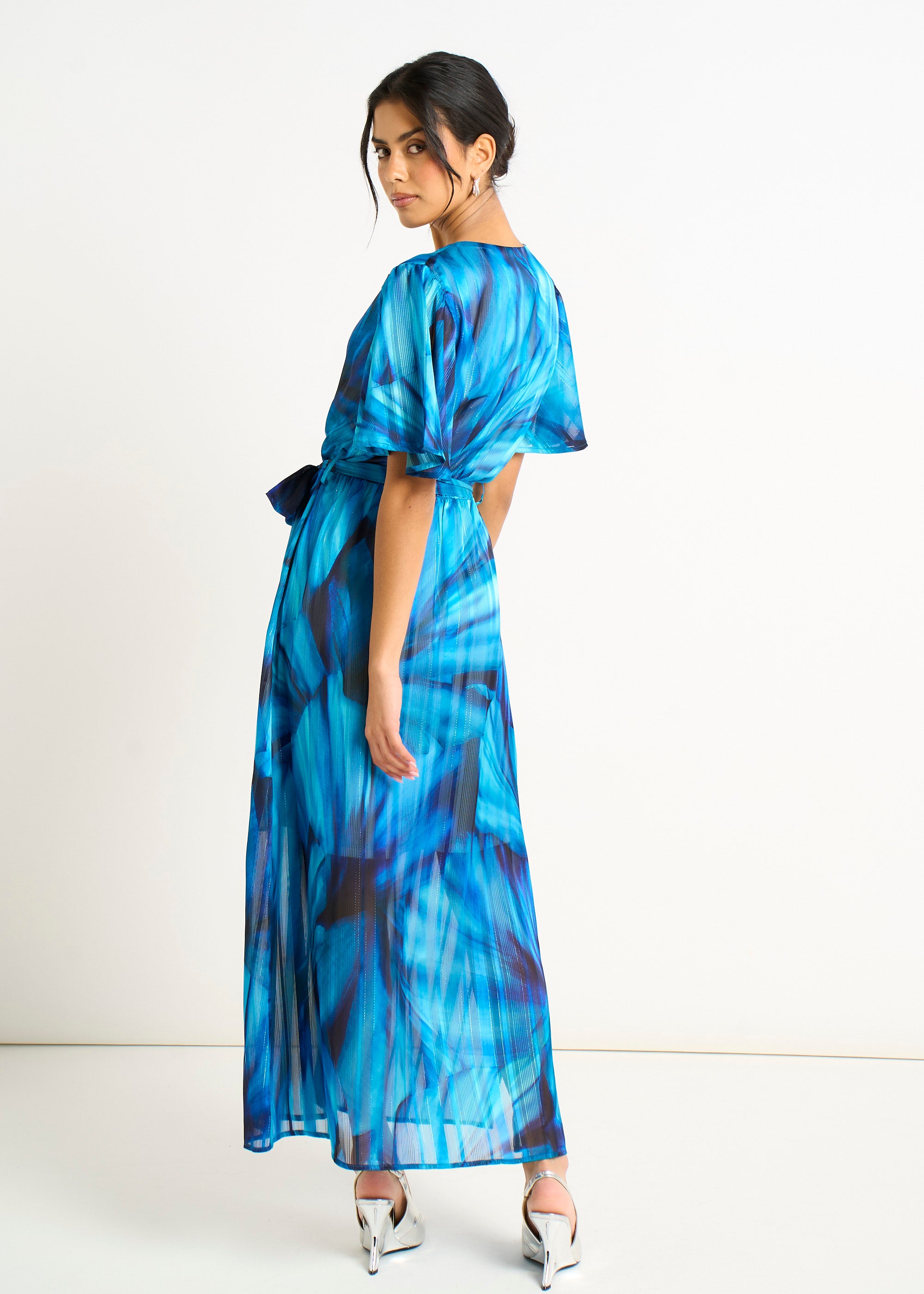 Blue Tie Dye Print Wrap Midi Dress