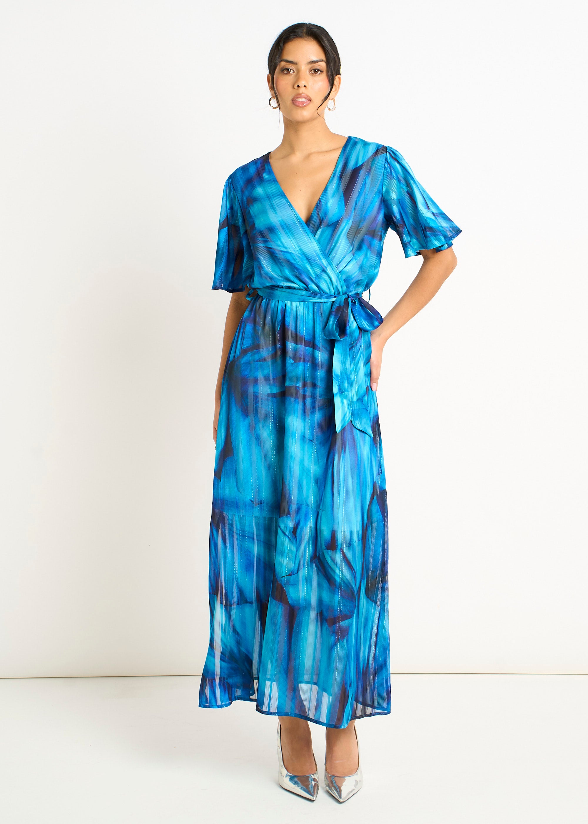 Blue Tie Dye Print Wrap Midi Dress