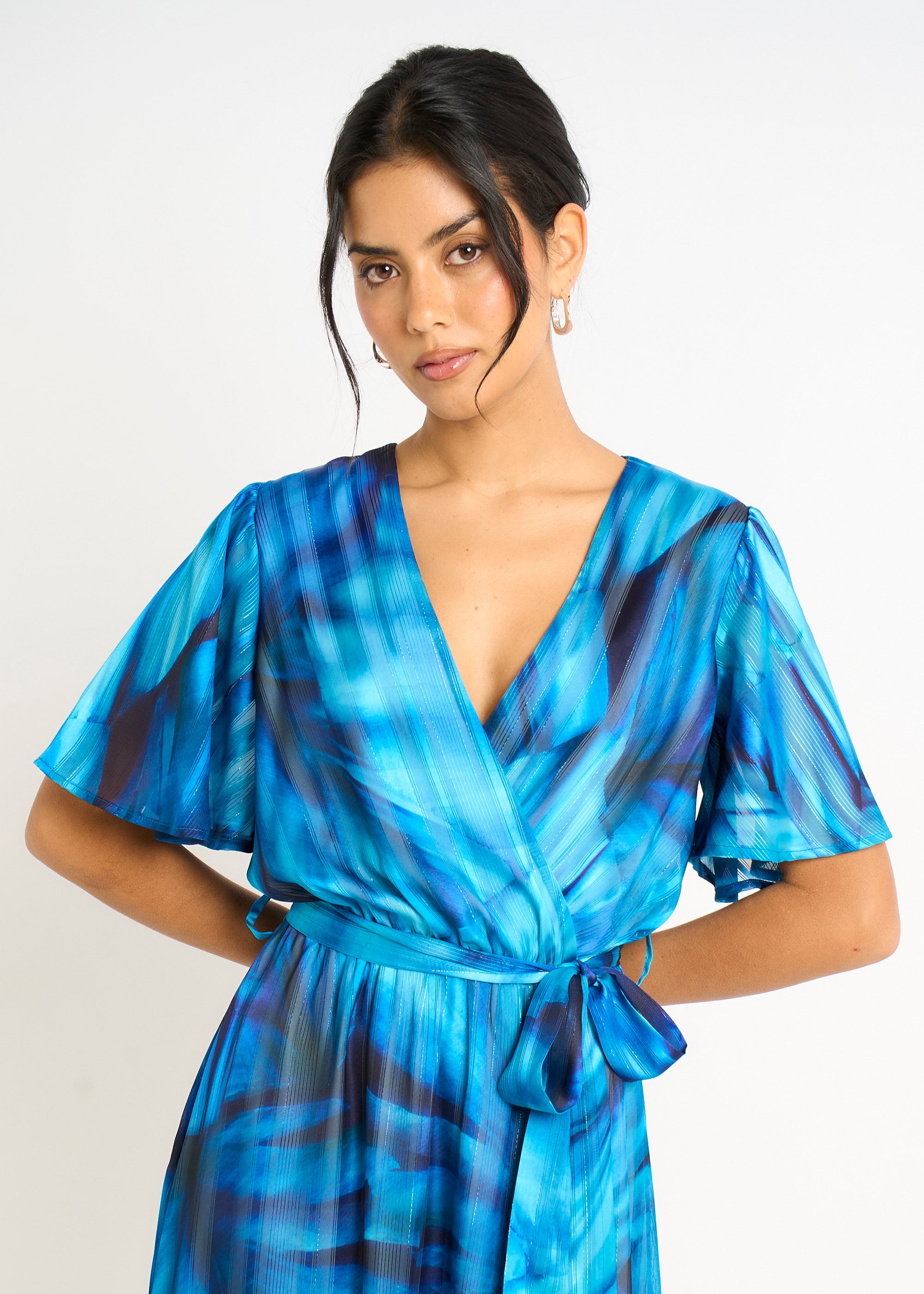 Blue Tie Dye Print Wrap Midi Dress
