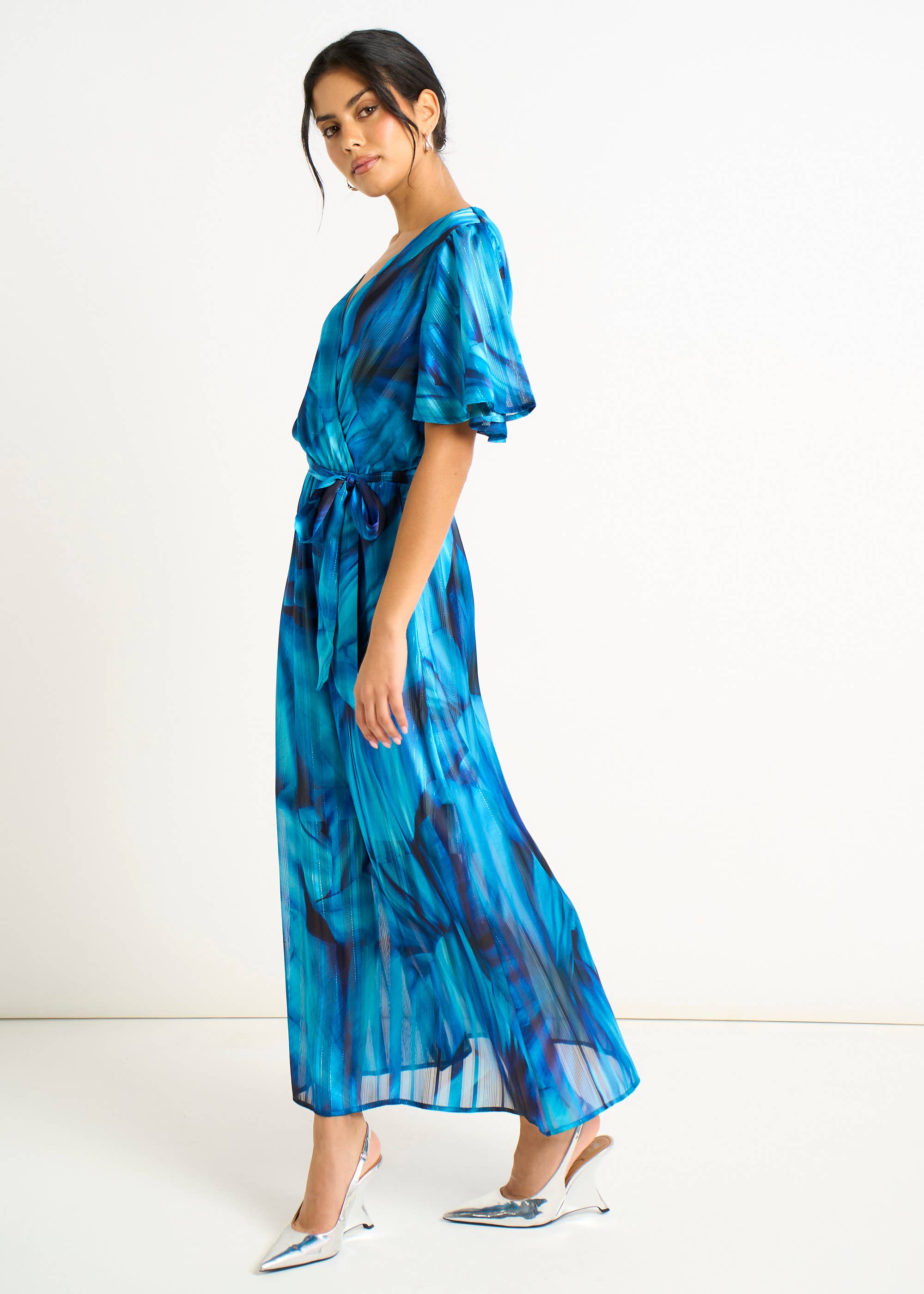 Blue Tie Dye Print Wrap Midi Dress