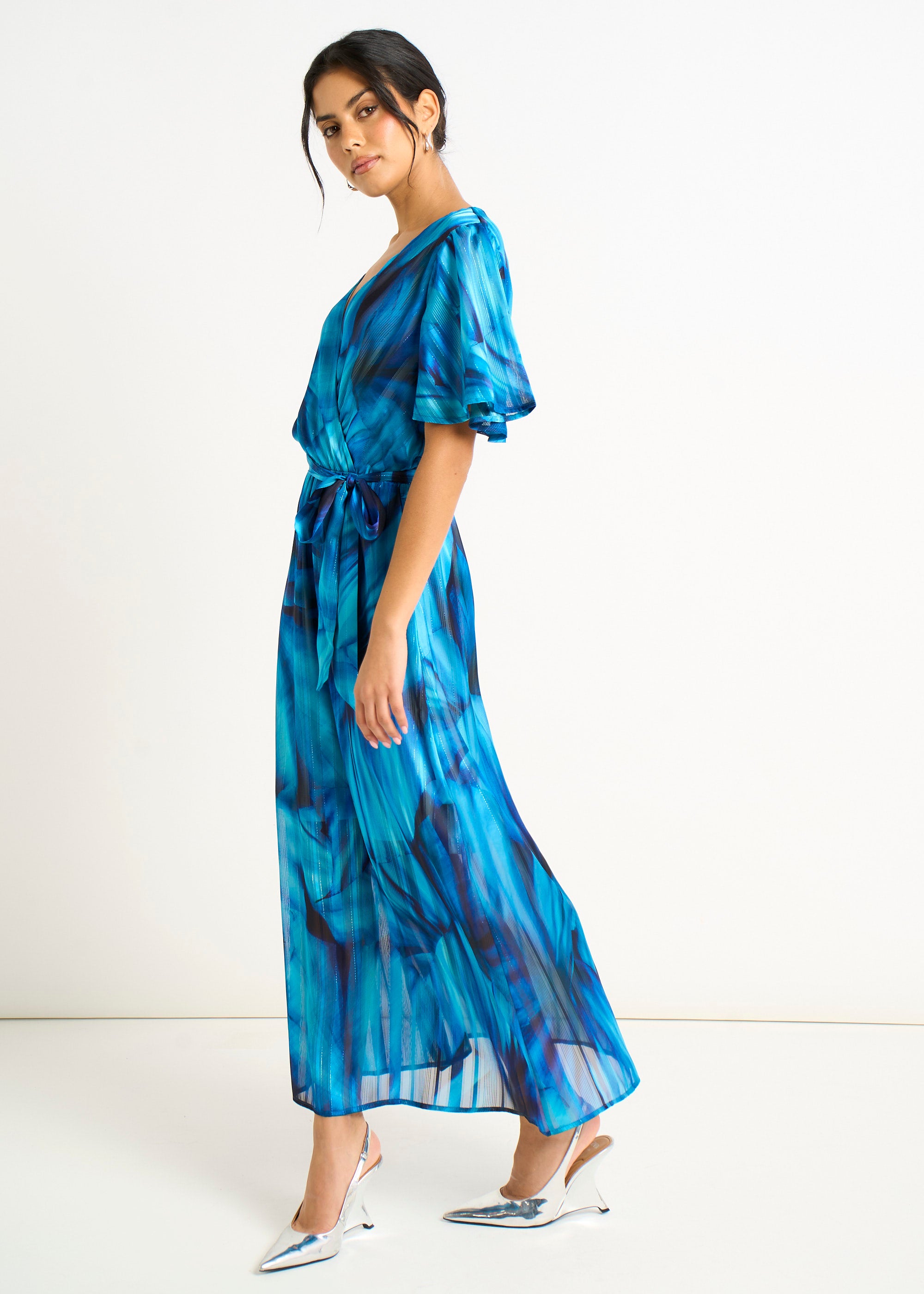 Blue Tie Dye Print Wrap Midi Dress