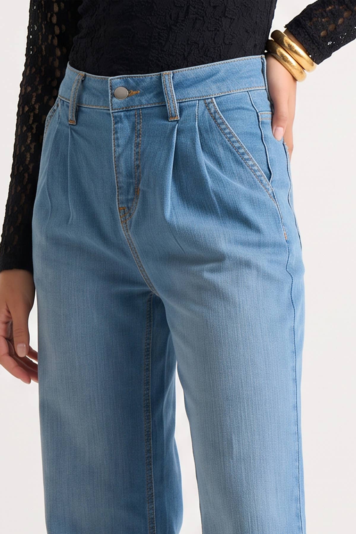 Blue Pleat Wide Leg Jean– View 3 | Gini London