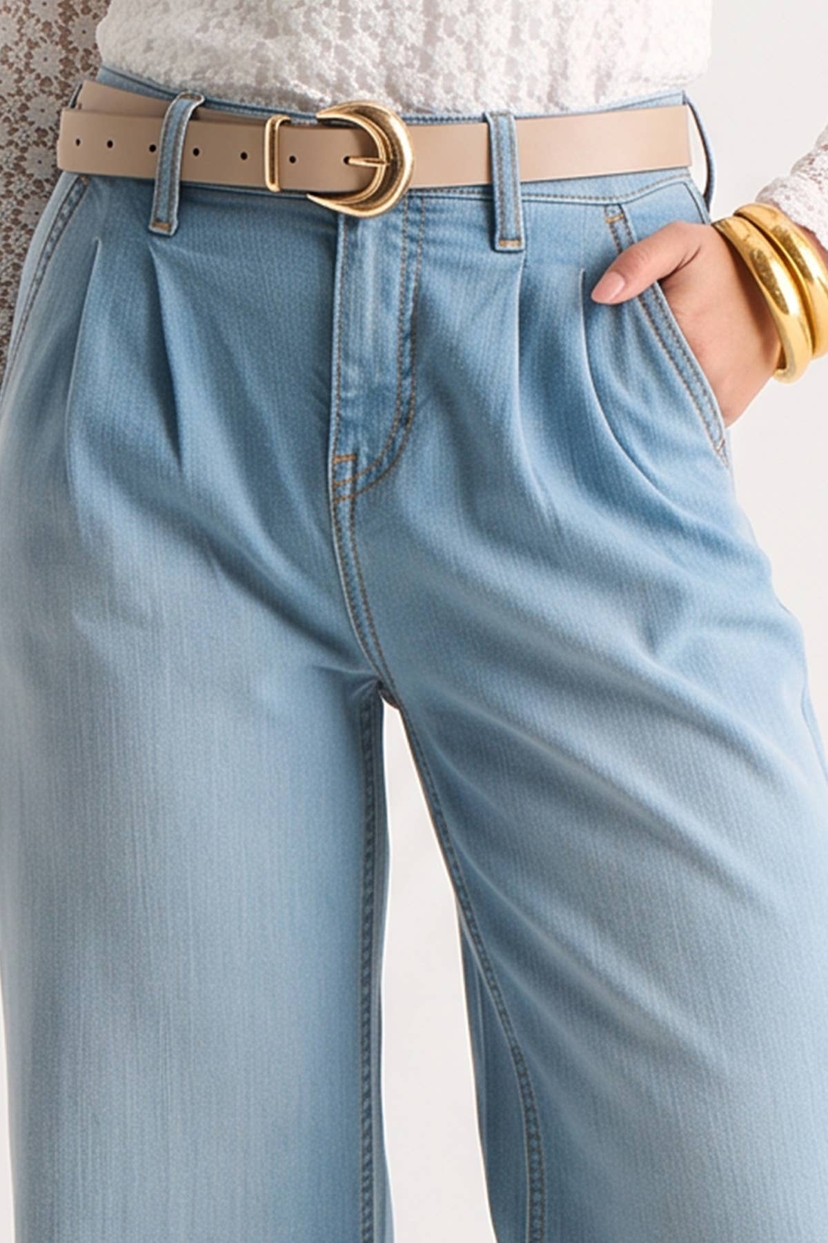 Light Blue Pleat Wide Leg Jean– View 3 | Gini London