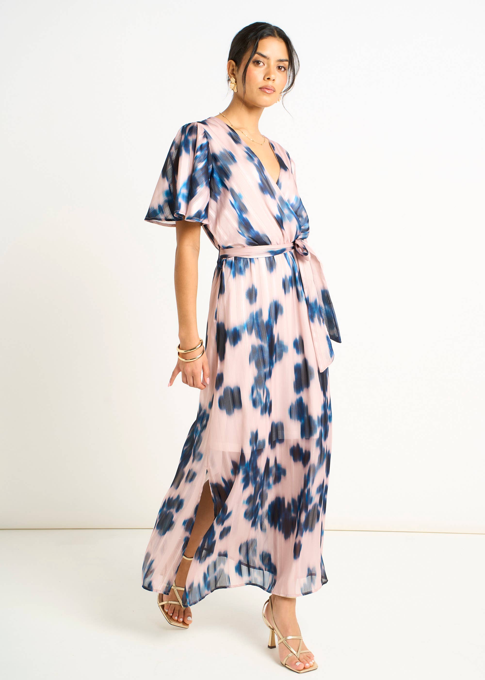 Champagne Blur Print Wrap Midi Dress
