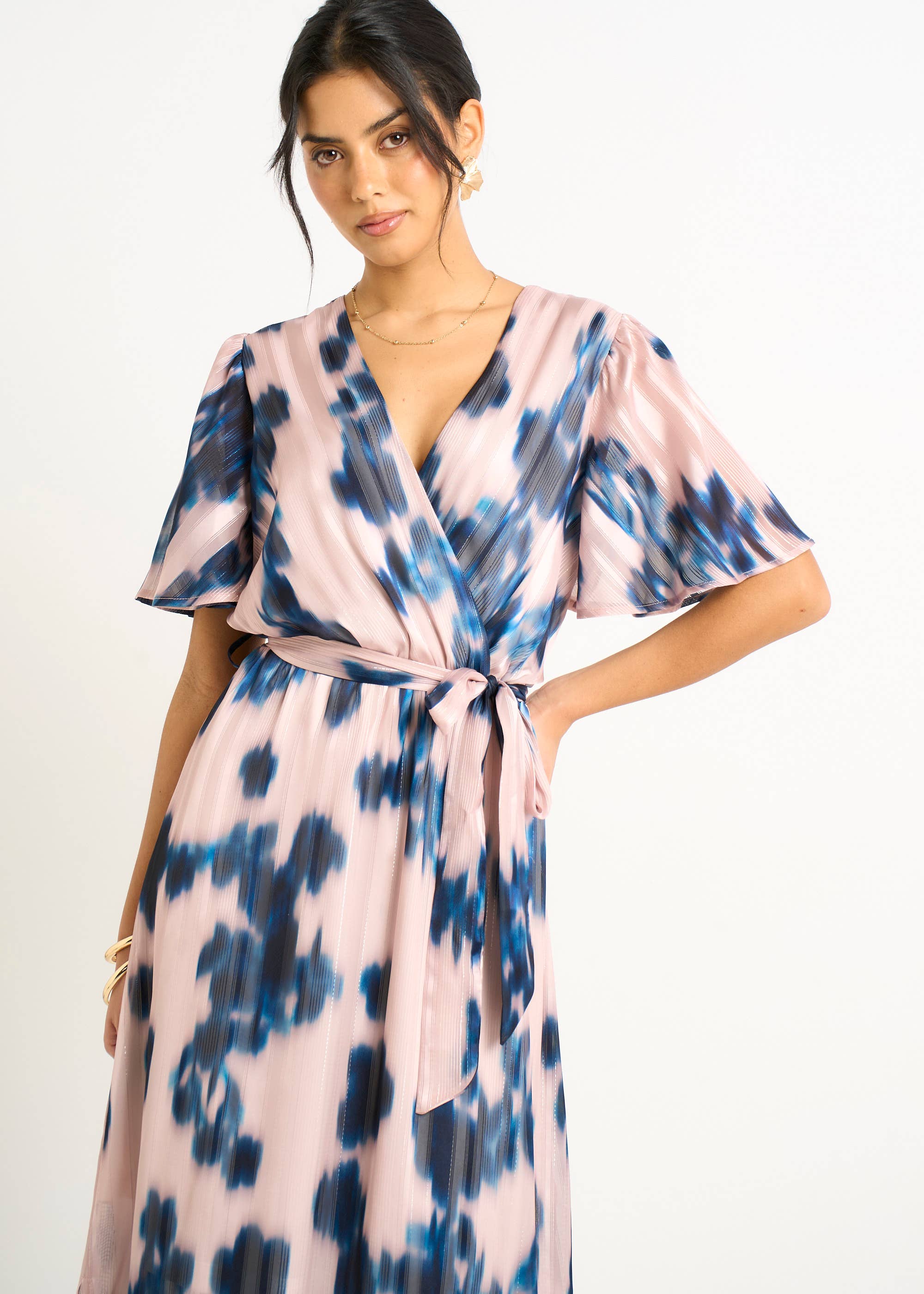 Champagne Blur Print Wrap Midi Dress