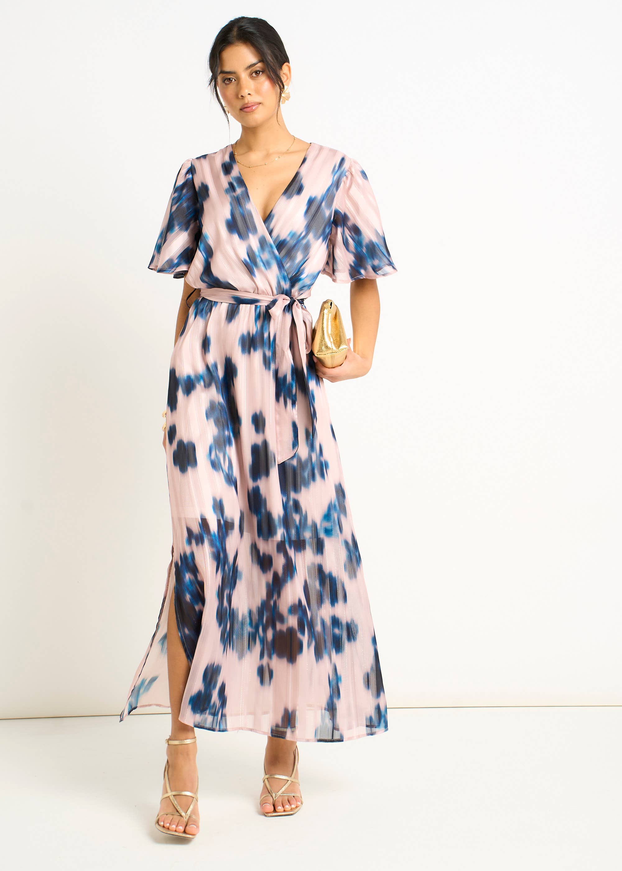 Champagne Blur Print Wrap Midi Dress