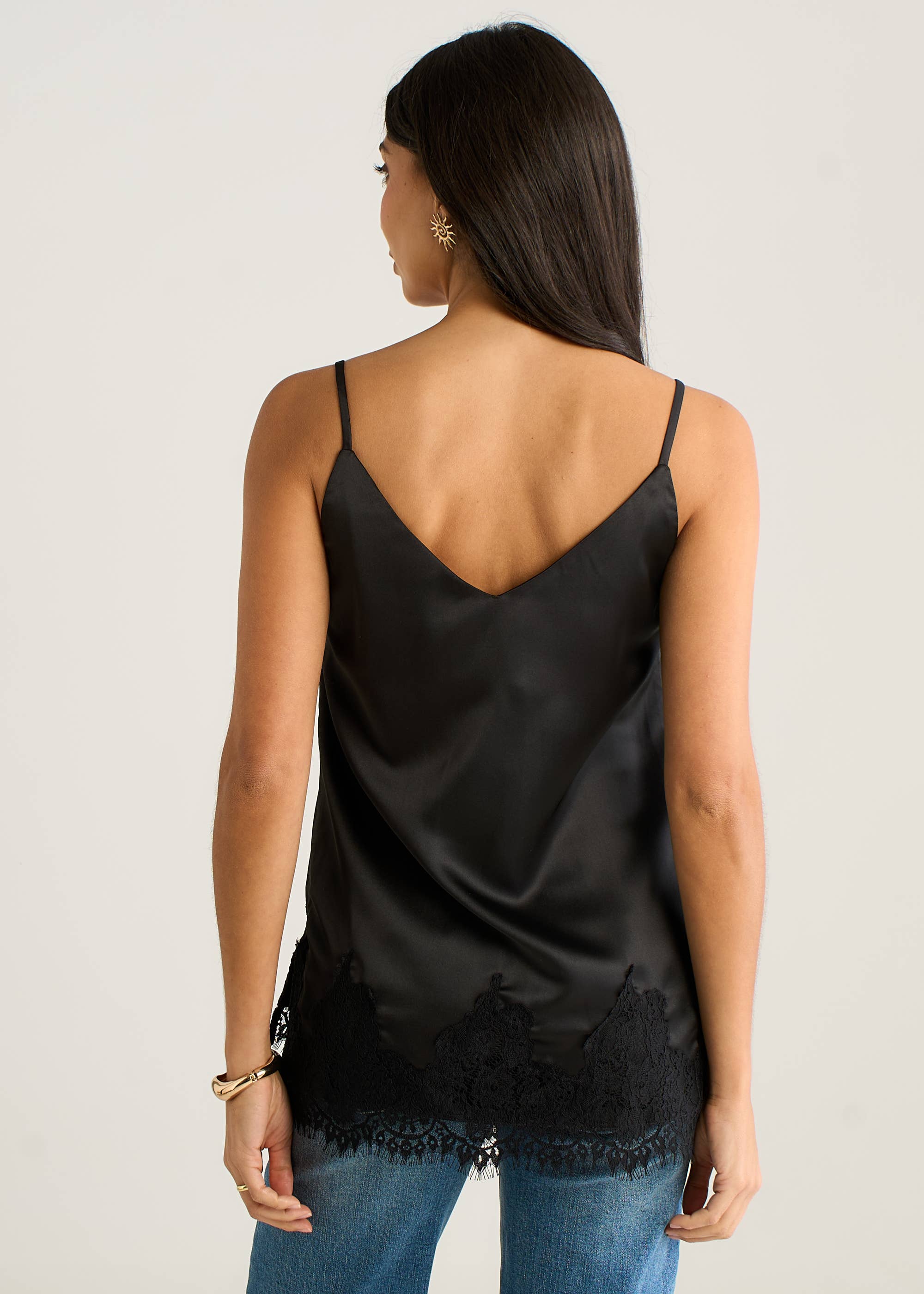 Black Satin Lace Trim Cami Top