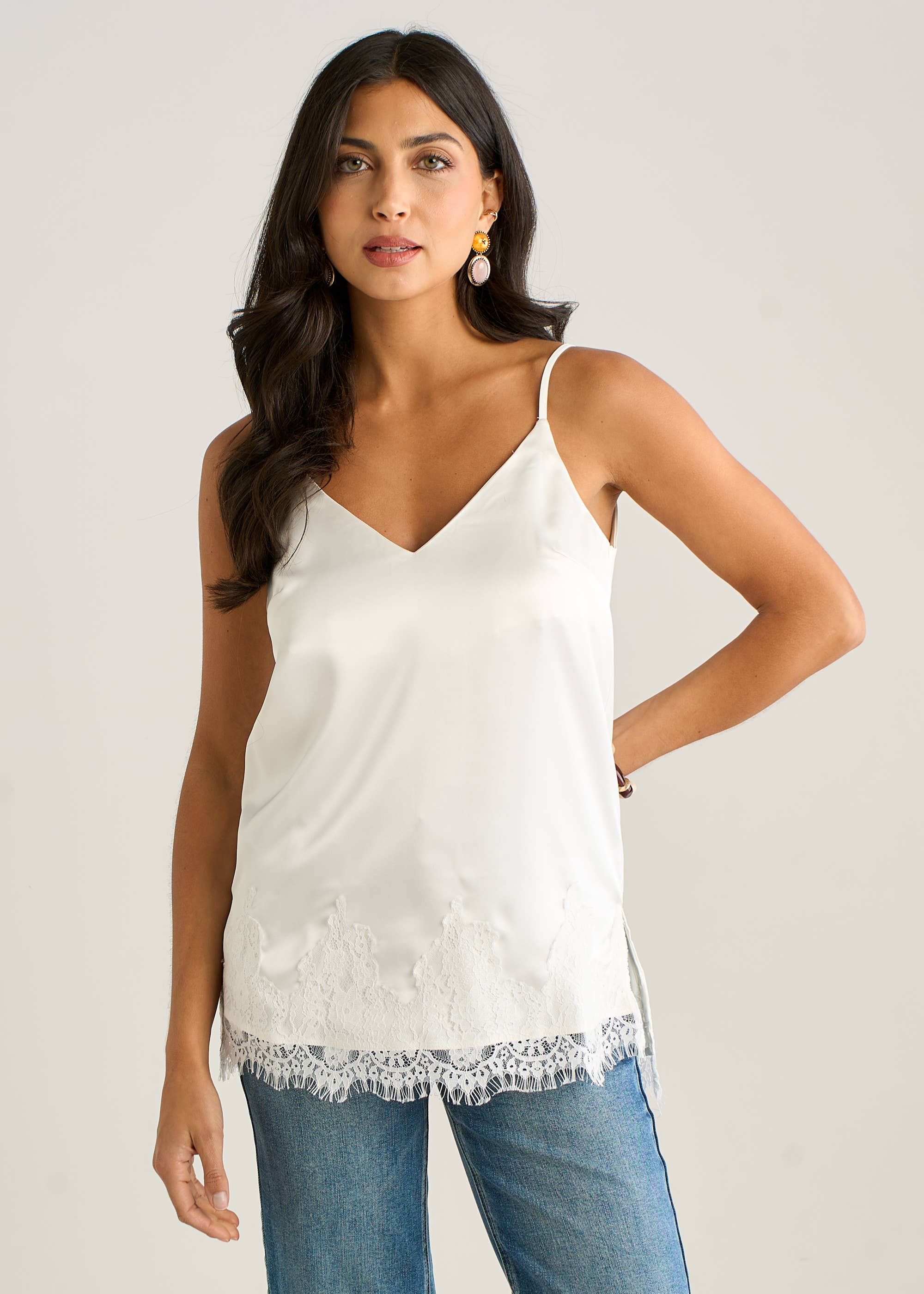White Satin Lace Trim Cami Top