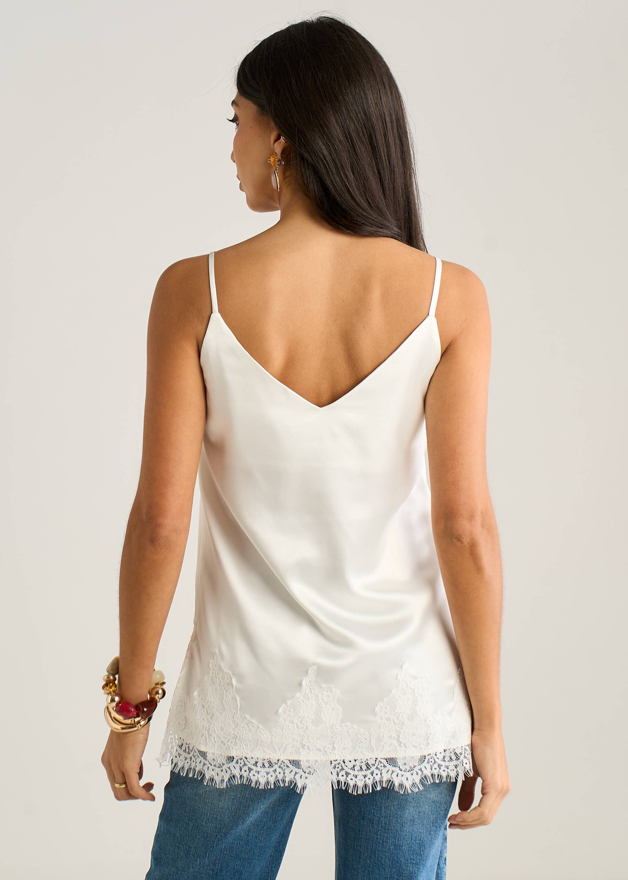 White Satin Lace Trim Cami Top