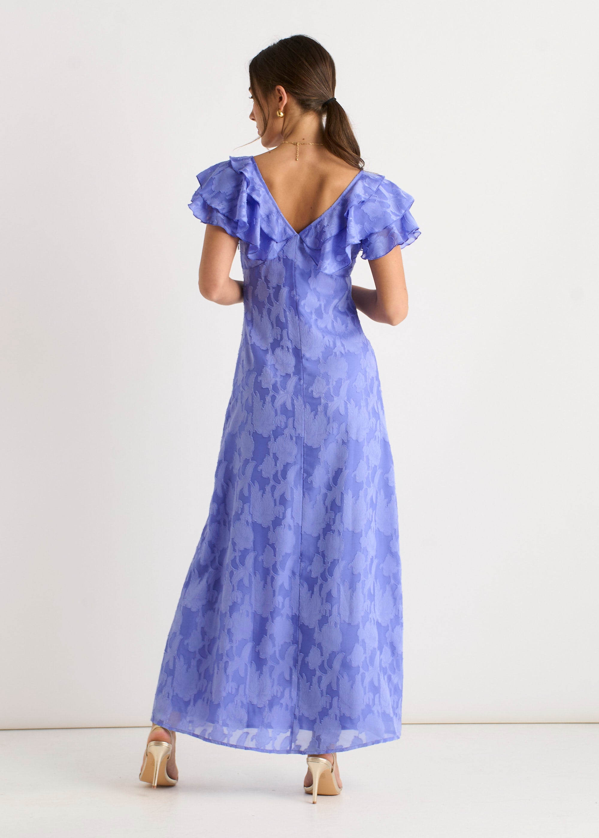 Blue Satin Jacquard Ruffle Maxi Dress