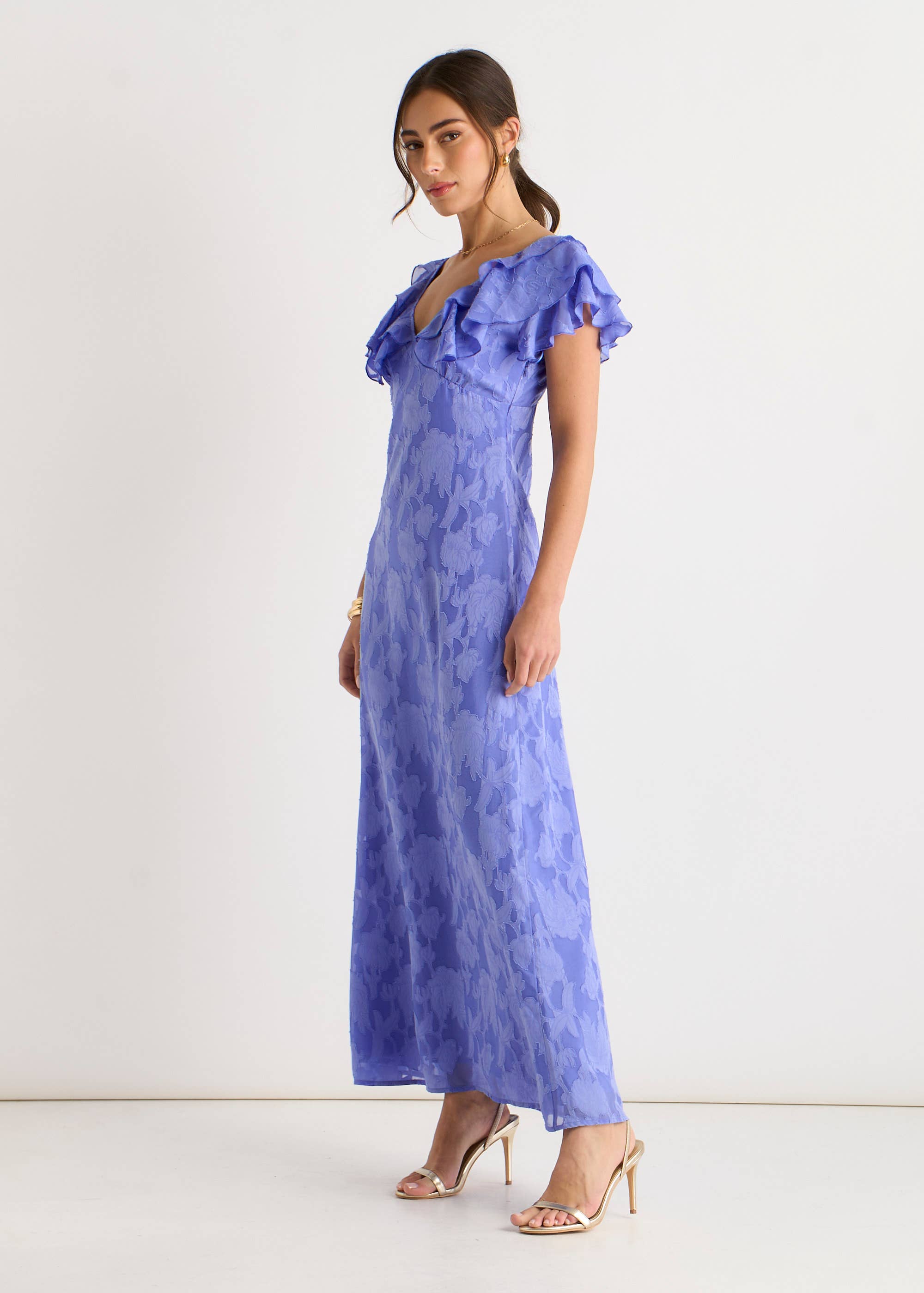 Blue Satin Jacquard Ruffle Maxi Dress