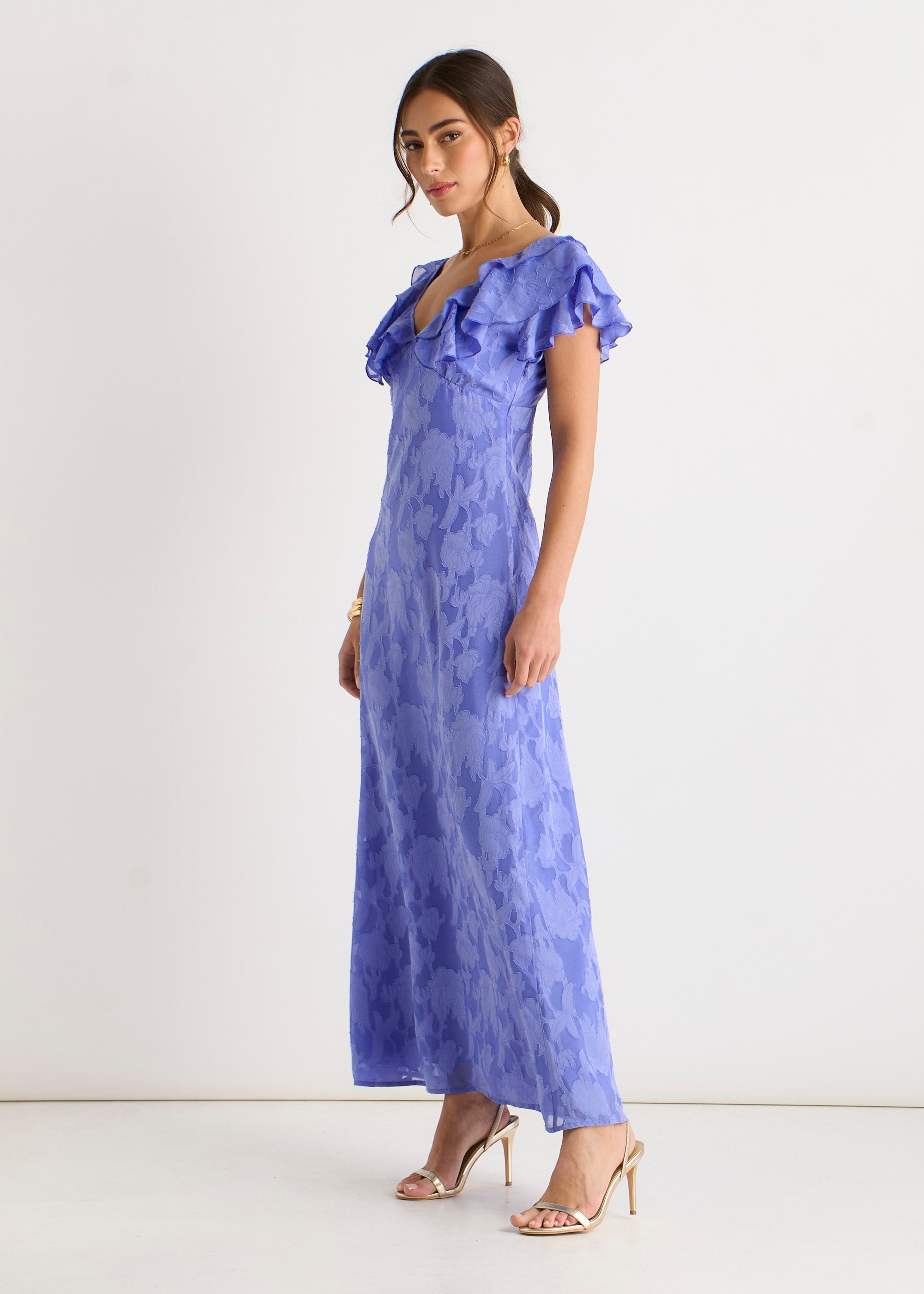 Blue Satin Jacquard Ruffle Maxi Dress