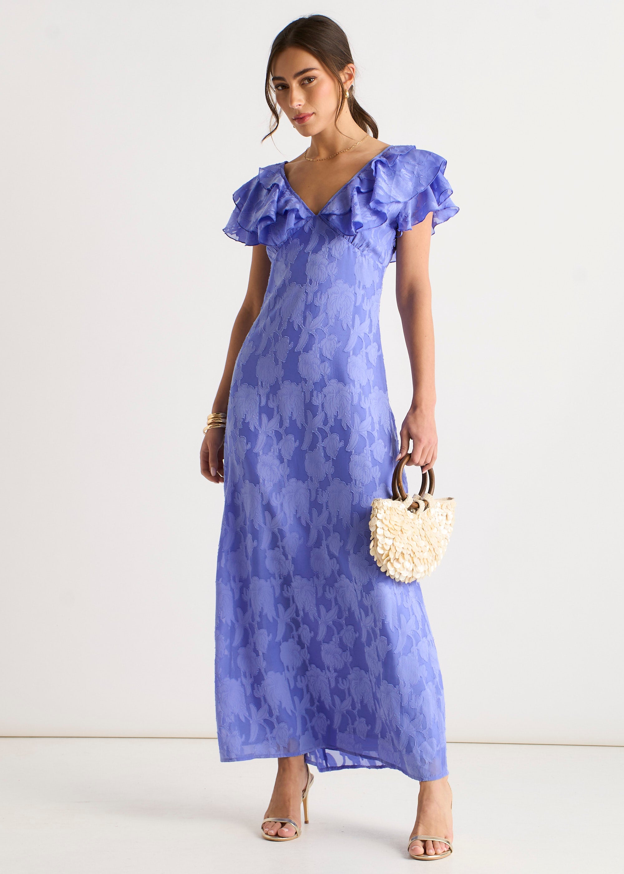 Blue Satin Jacquard Ruffle Maxi Dress