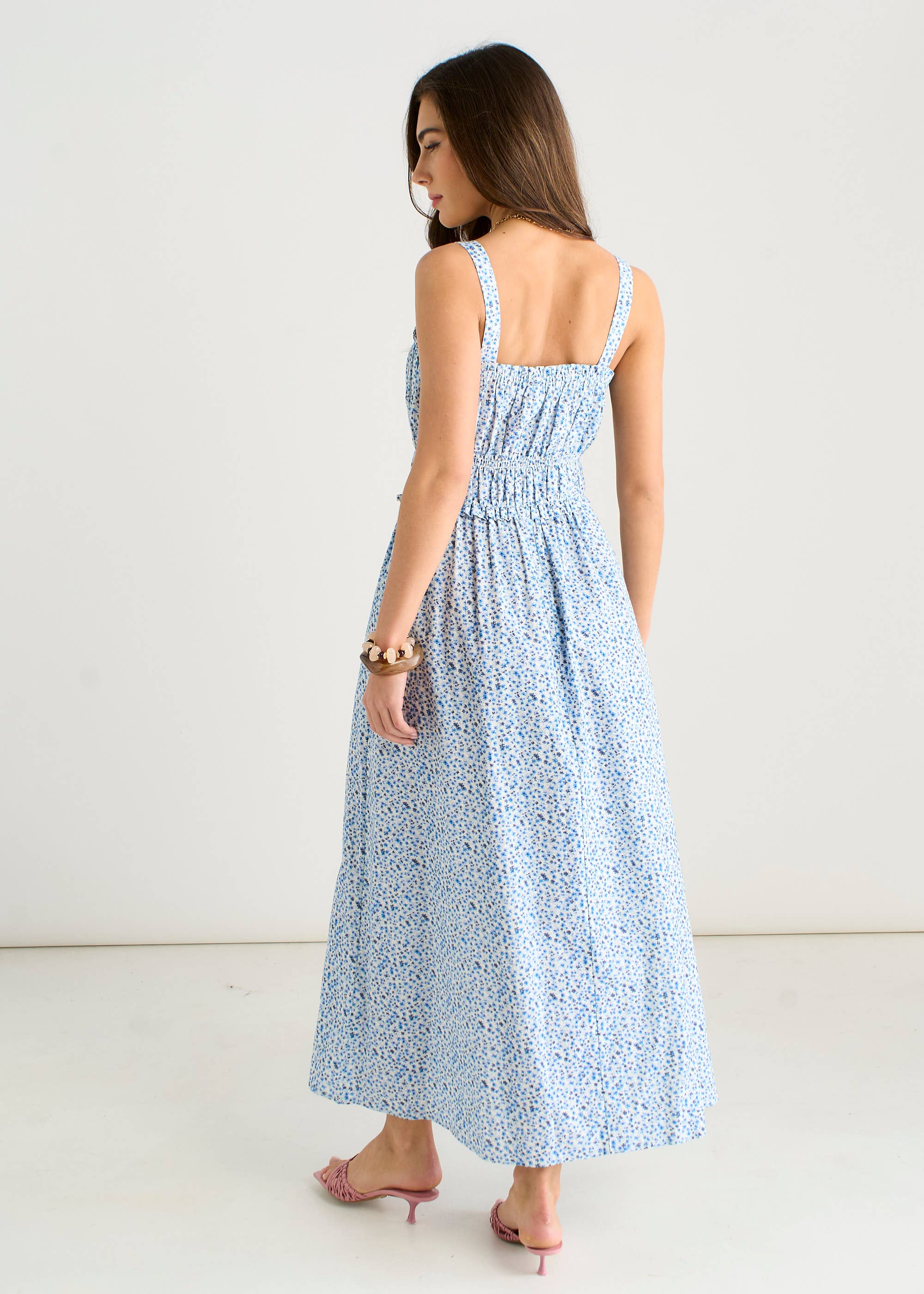 Blue Ditsy Floral Shirred Bodice Midi Dress