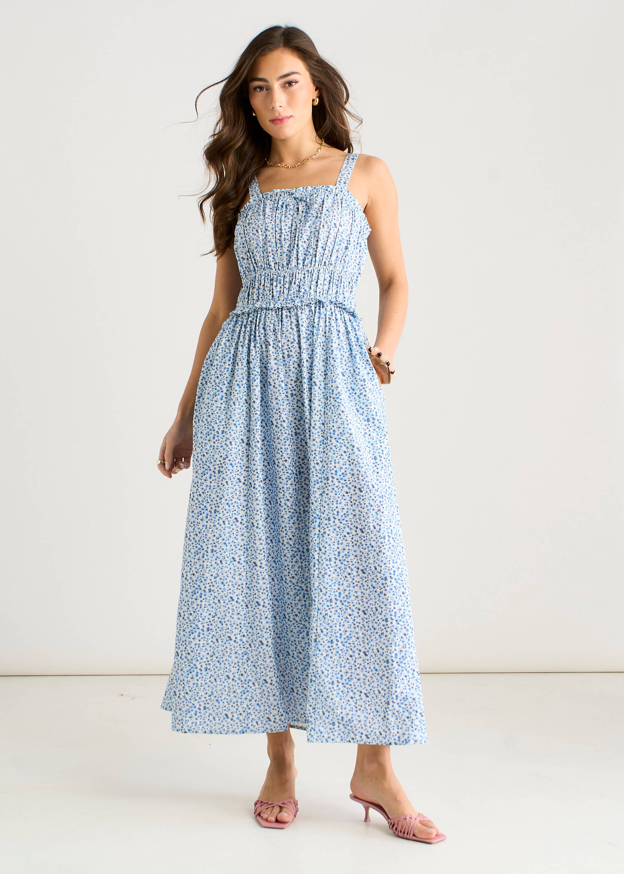 Blue Ditsy Floral Shirred Bodice Midi Dress