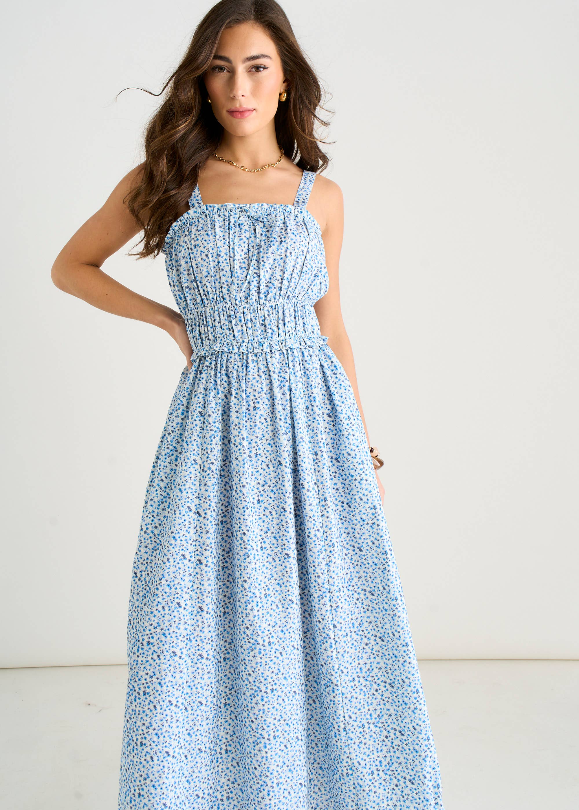 Blue Ditsy Floral Shirred Bodice Midi Dress