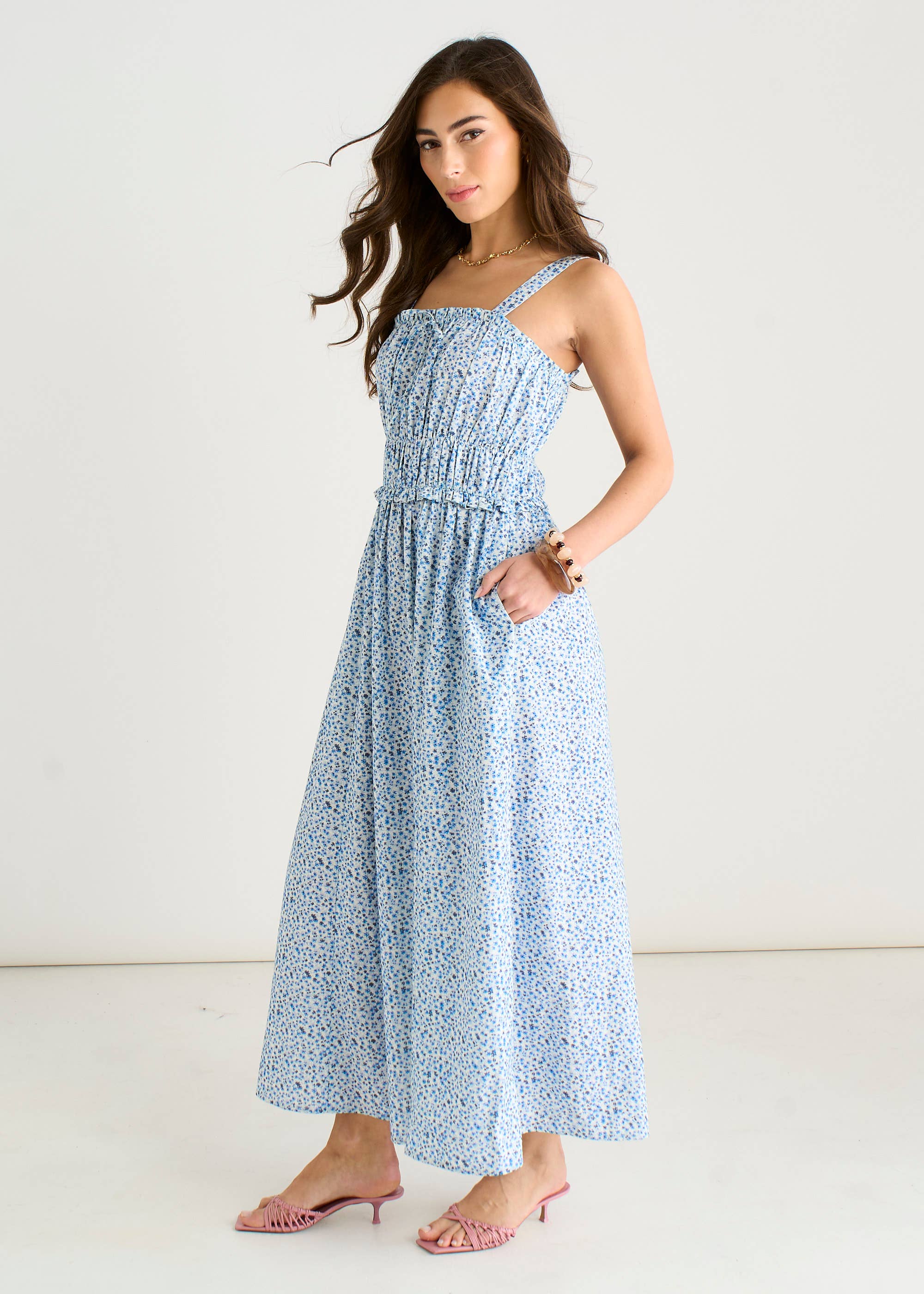 Blue Ditsy Floral Shirred Bodice Midi Dress