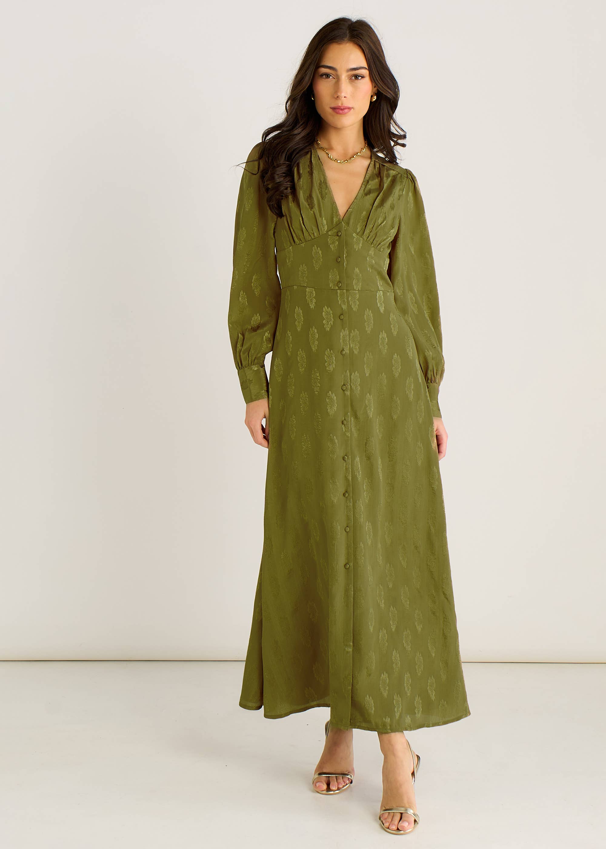 Green Long Sleeve Floral Satin Jacquard Maxi Dress