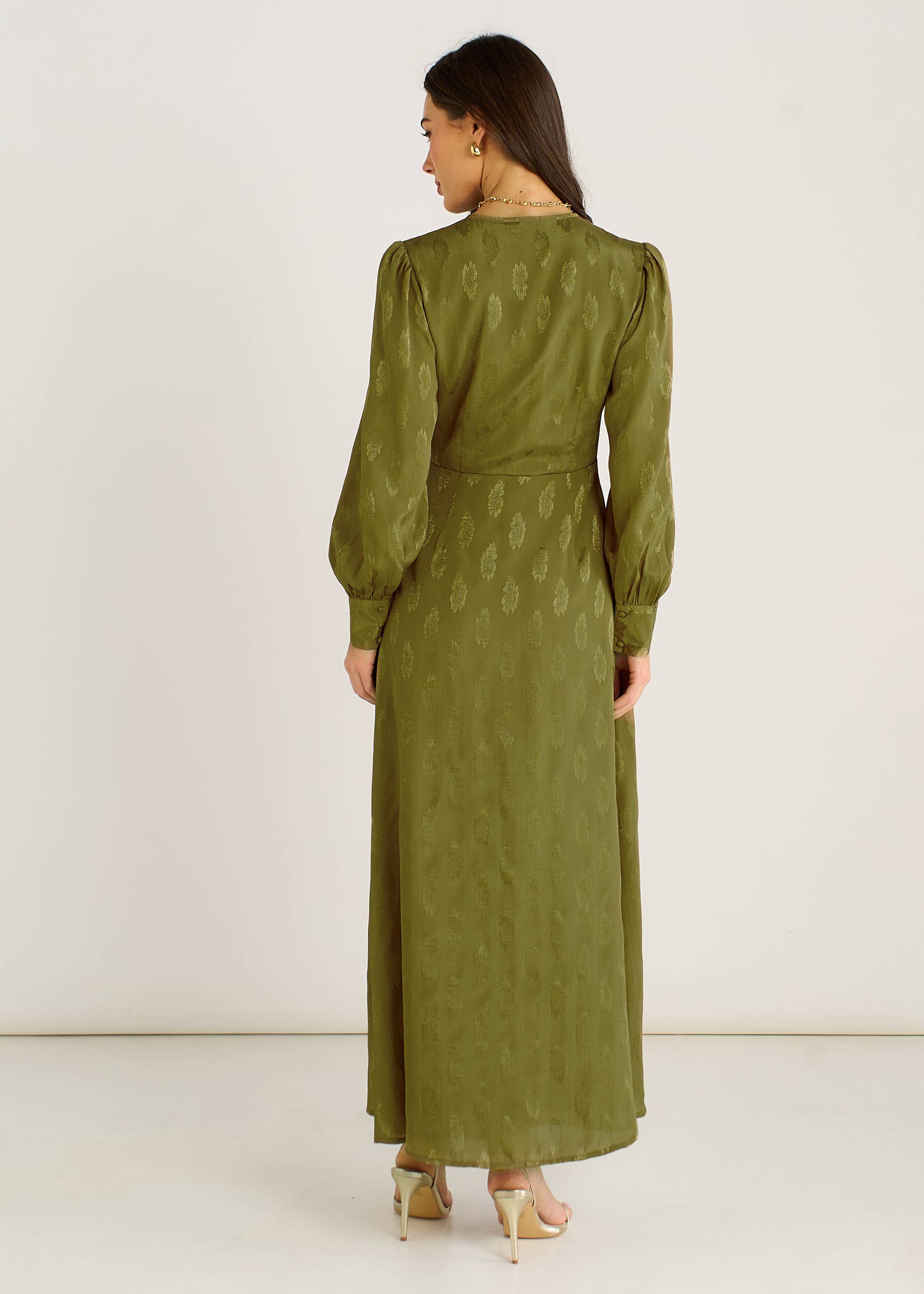 Green Long Sleeve Floral Satin Jacquard Maxi Dress