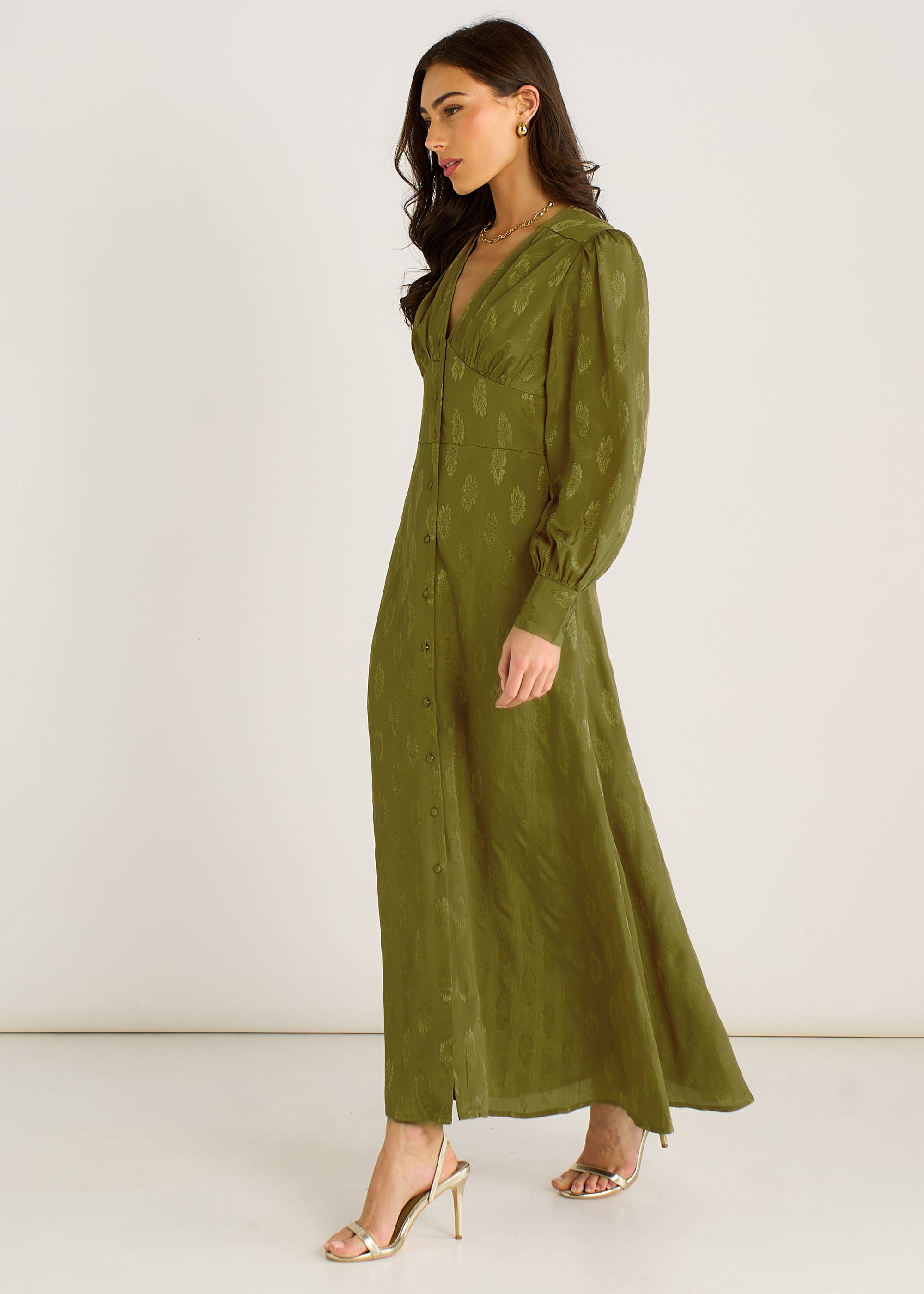 Green Long Sleeve Floral Satin Jacquard Maxi Dress