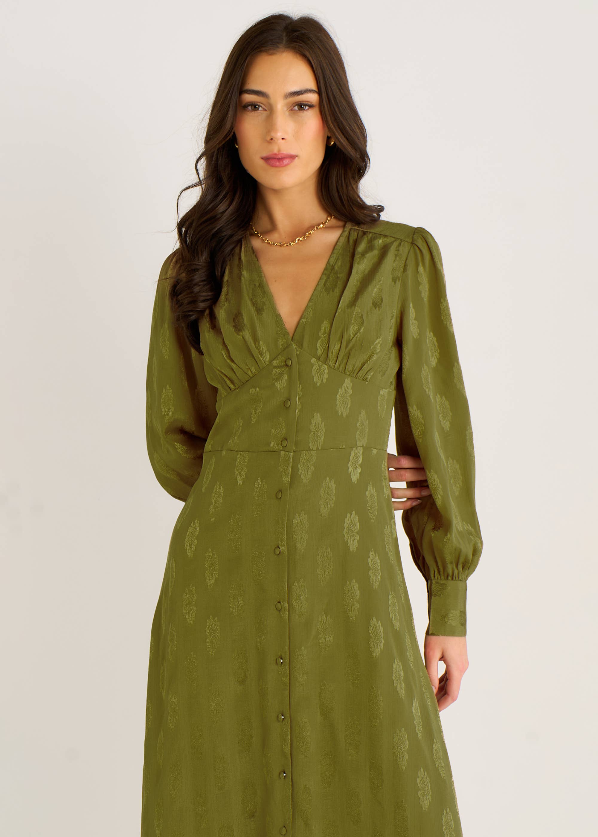 Green Long Sleeve Floral Satin Jacquard Maxi Dress
