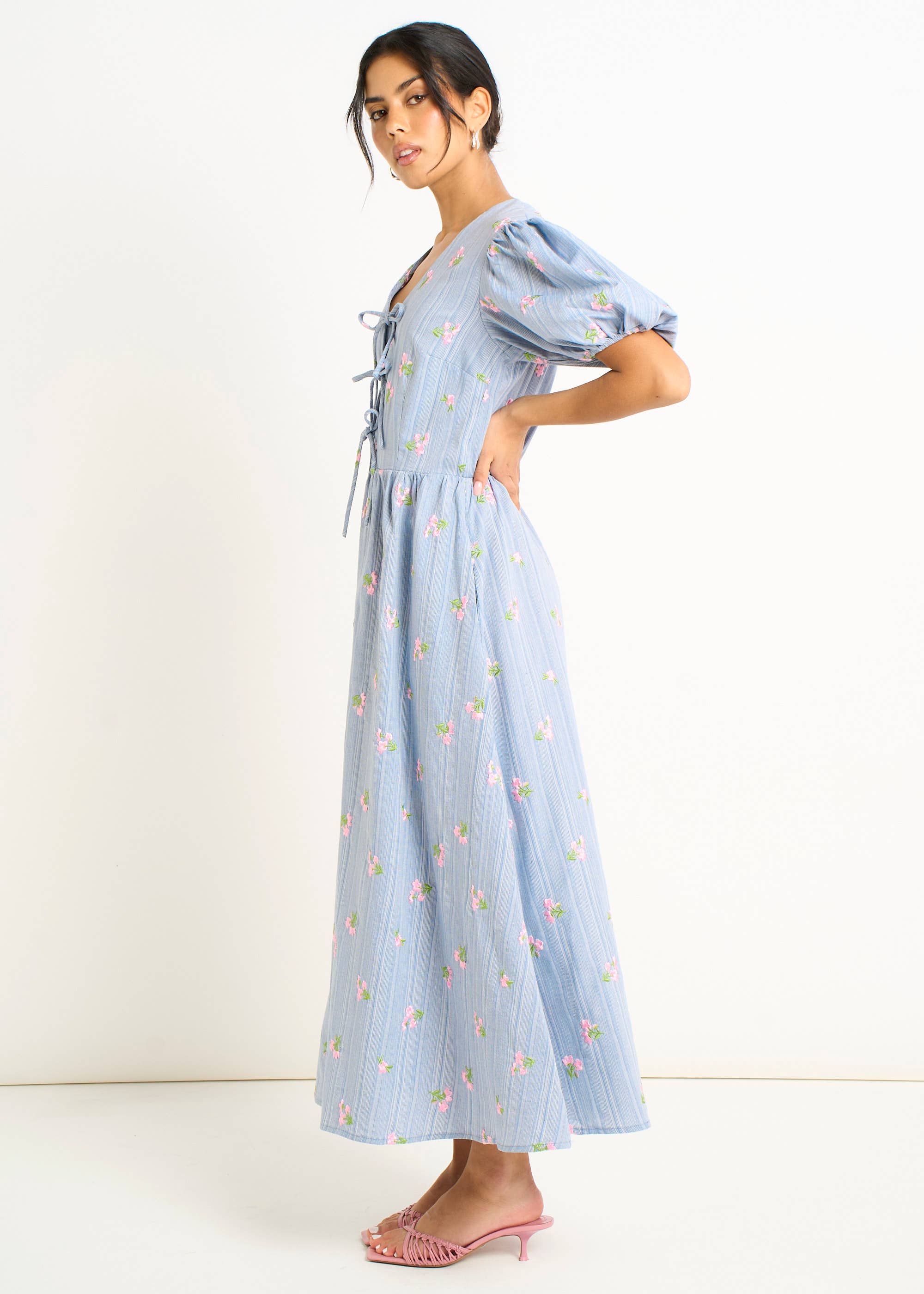 Blue Cotton Mix Tie Detail Puff Sleeves Midi Dress