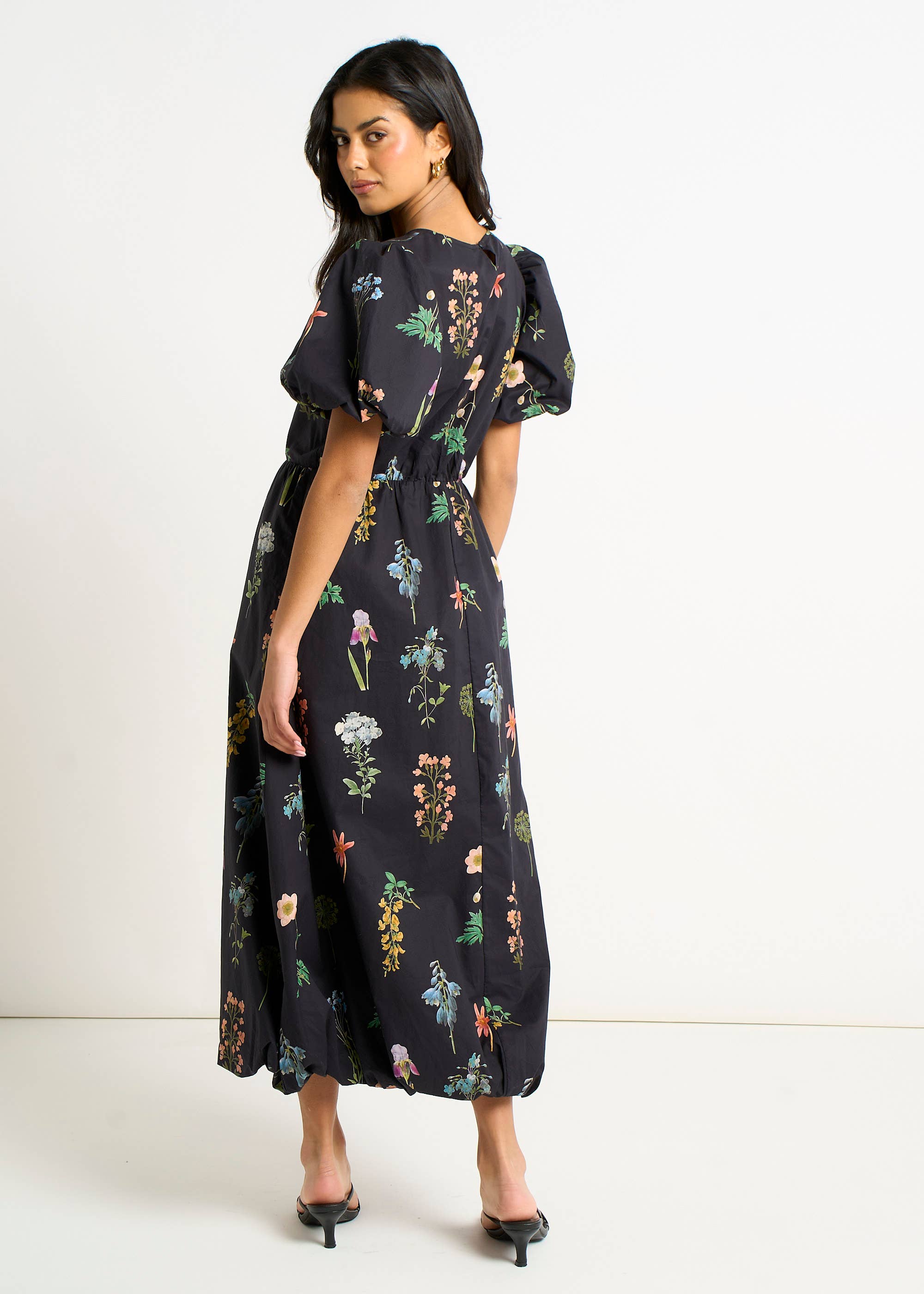 Navy Cotton Floral Print Puff Ball Midi Dress
