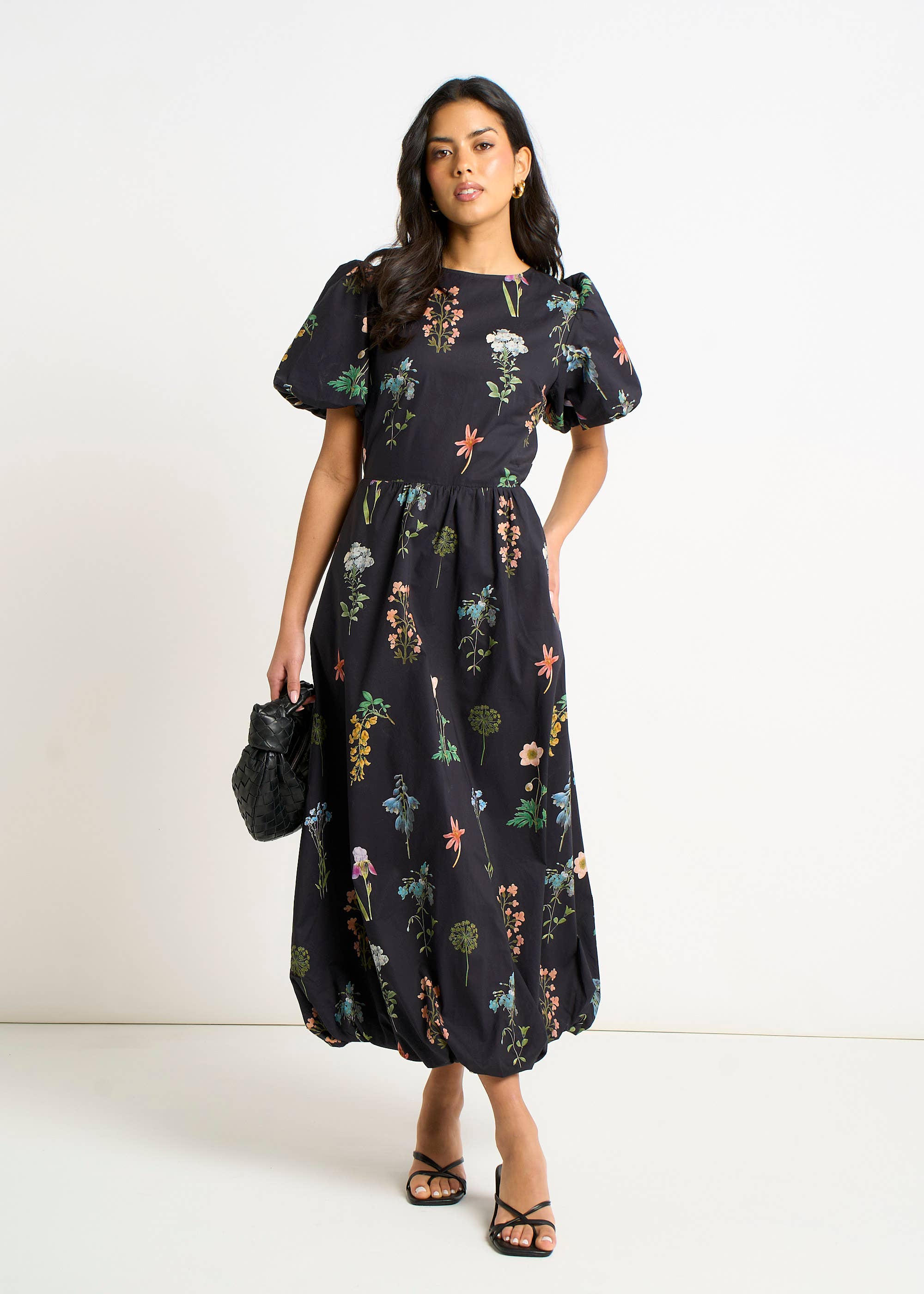 Navy Cotton Floral Print Puff Ball Midi Dress