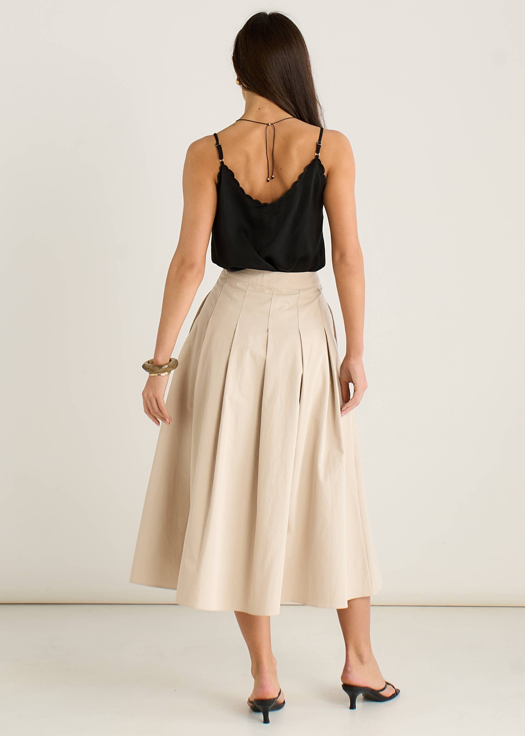 Stone Cotton Pleated Full Midi Skirt