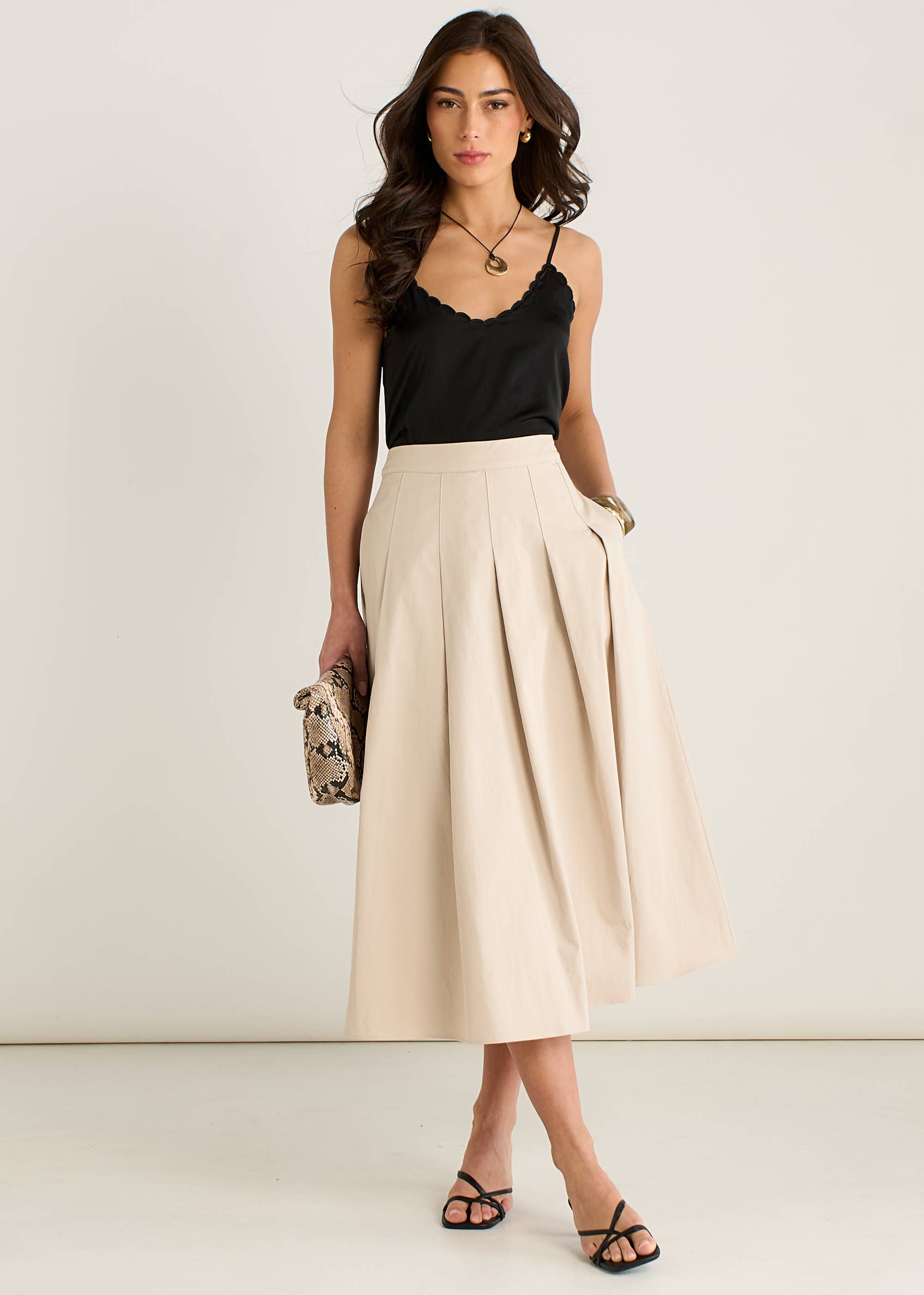 Stone Cotton Pleated Full Midi Skirt