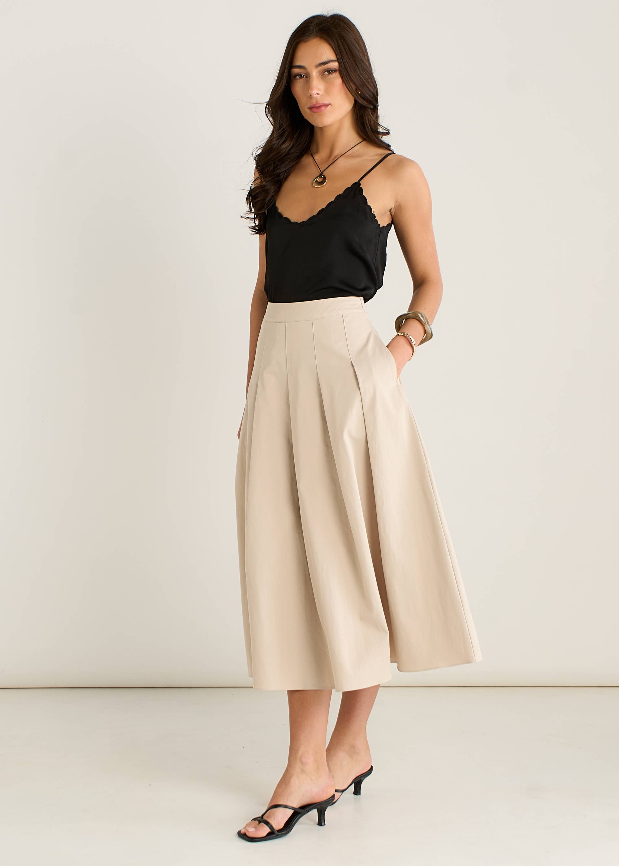 Stone Cotton Pleated Full Midi Skirt